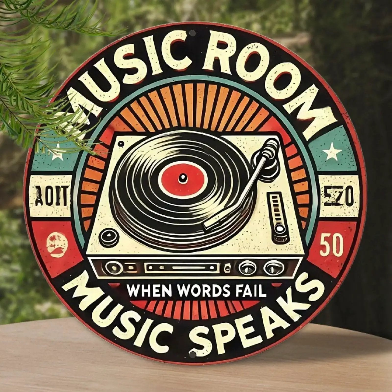 Retro Music Room Sign Featuring Turntable Design Round Aluminum Wall Art For Home Office Cafe And Yard Indoor Outdoor Decor Durable Rust Resistant Metal With Full Surface UV Printing For Bright Long Lasting Colors