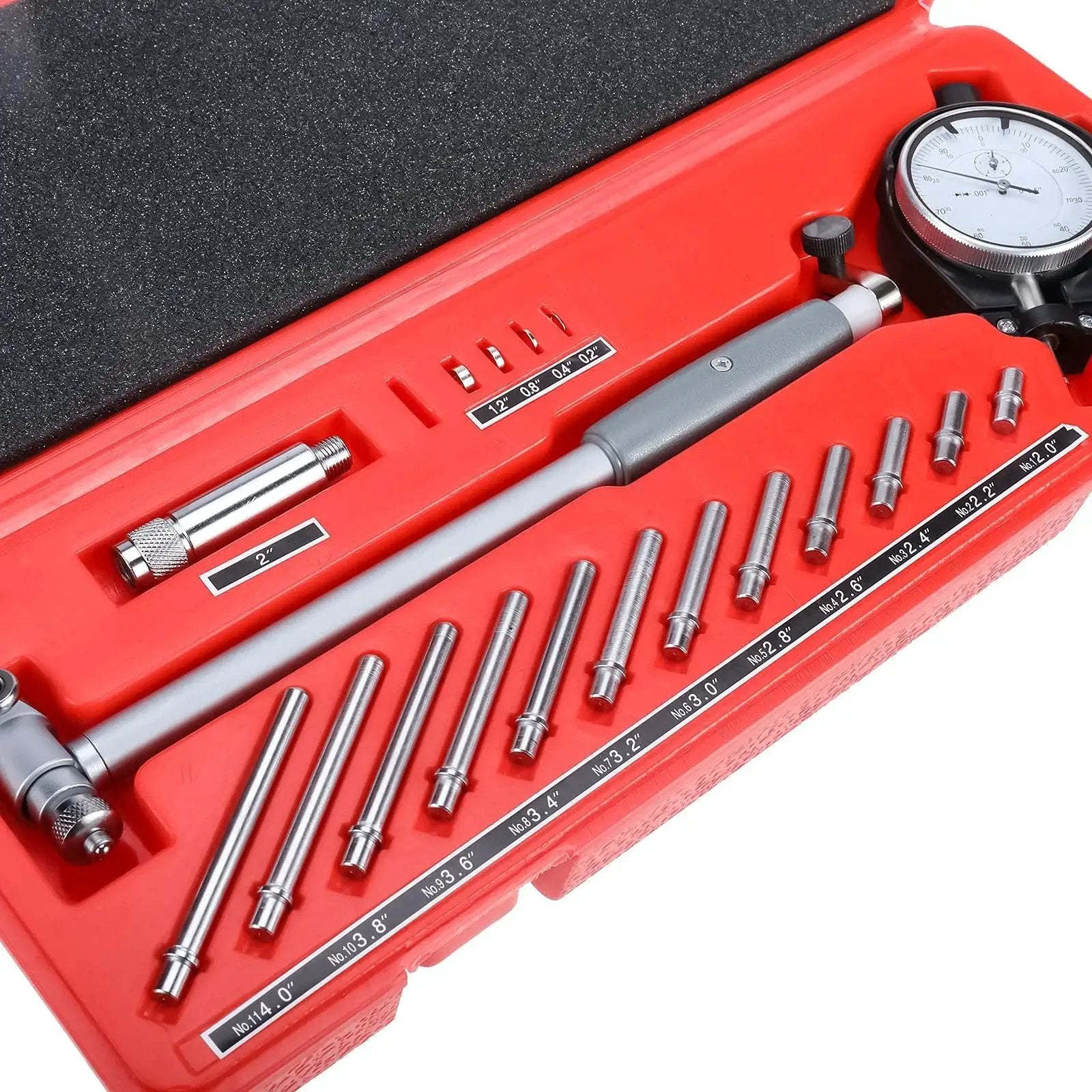 2-6 Inch Bore Gauge With 0.001 Inch Deep Measurement For Engine Holes And Cylinder Sizing in red carrying case, multiple attachments visible.