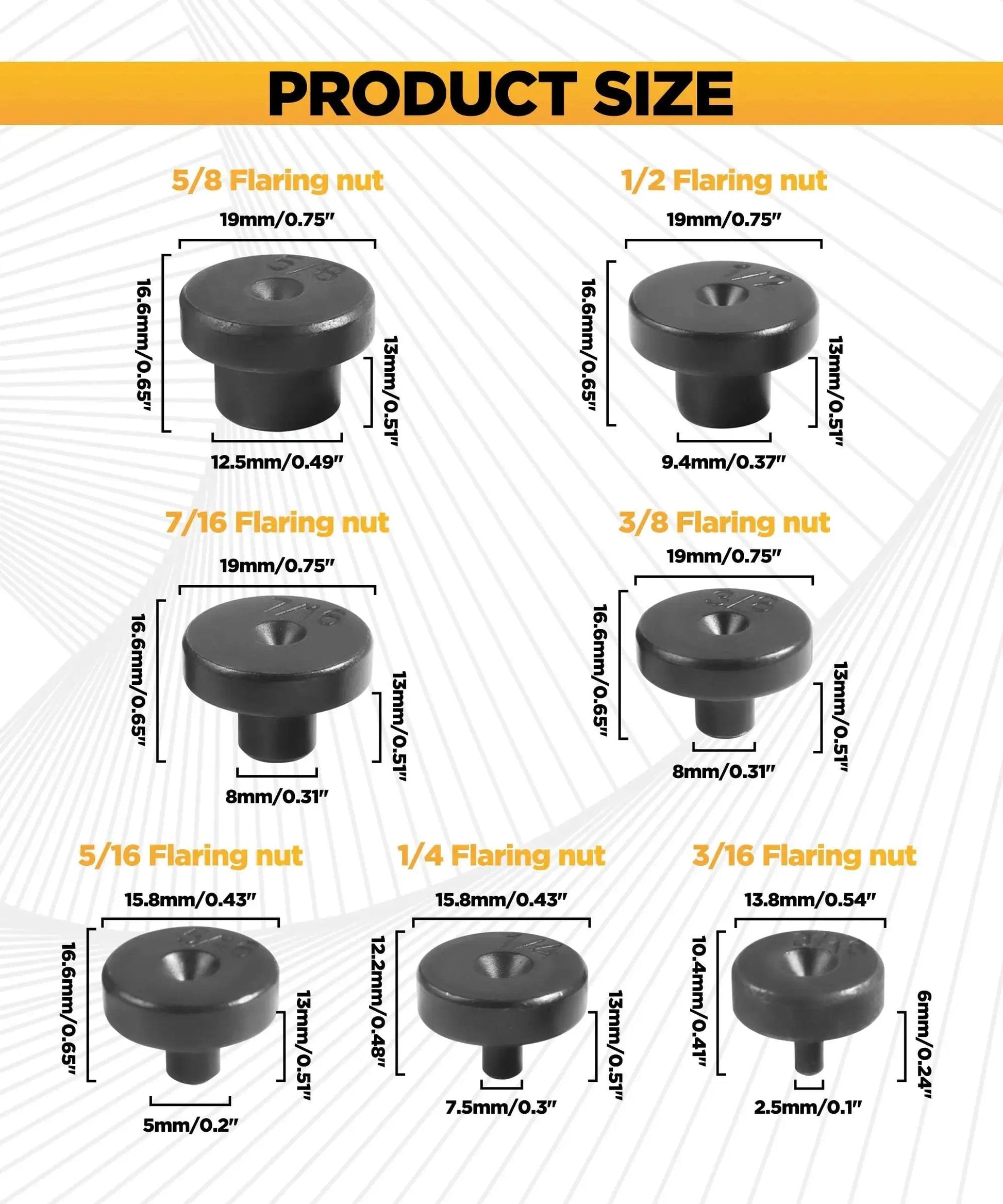 Size chart of 7 Piece Double Flare Adapters Set For Three Sixteenths To Five Eighths Tubing showing dimensions and labeling.