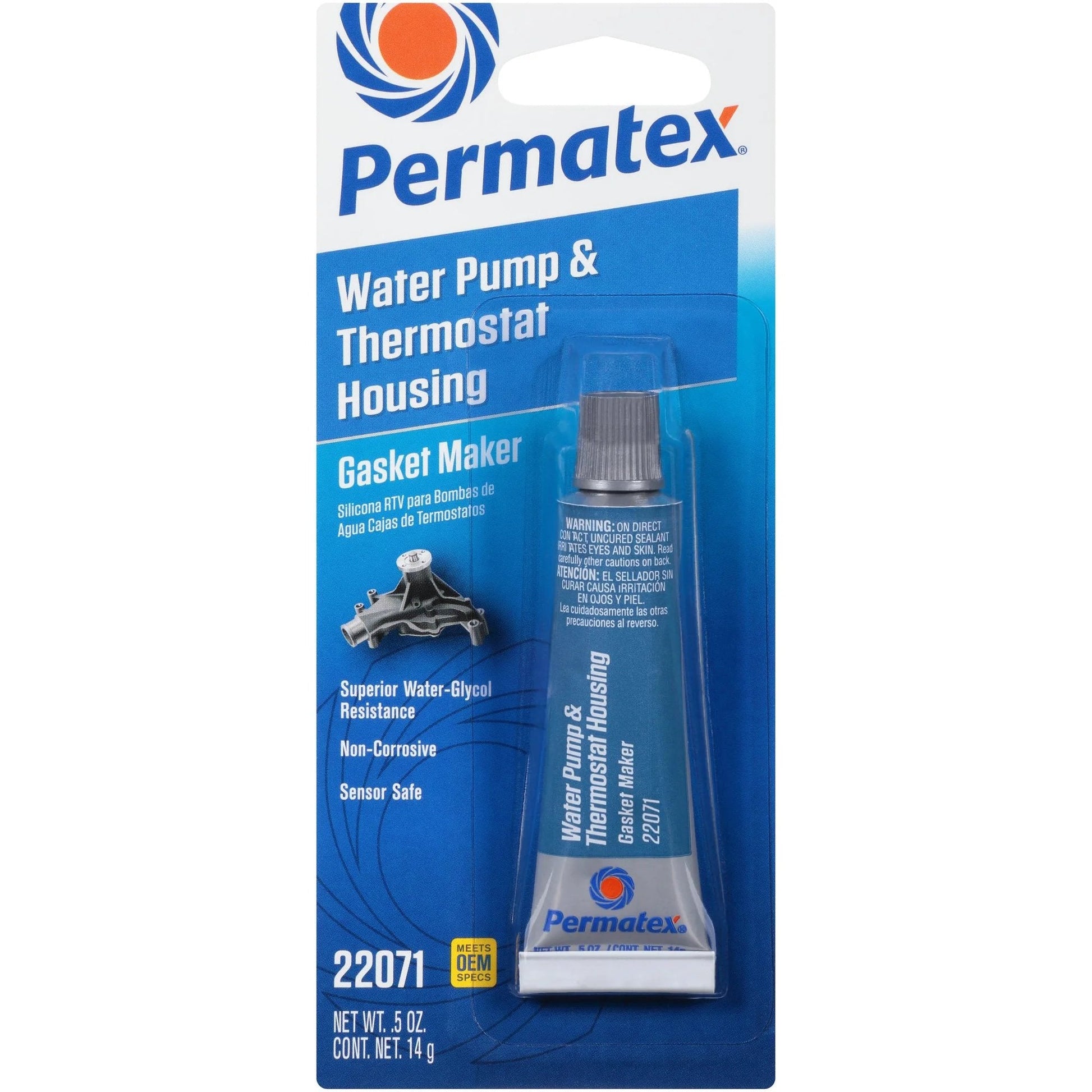 Water Pump And Thermostat RTV Silicone Gasket Sealant Half Ounce Pro Grade Sensor Safe Noncorrosive With Superior Water Glycol Resistance Flexible Adhesion For Universal Fit Gasket Maker Or Dressing in packaging.