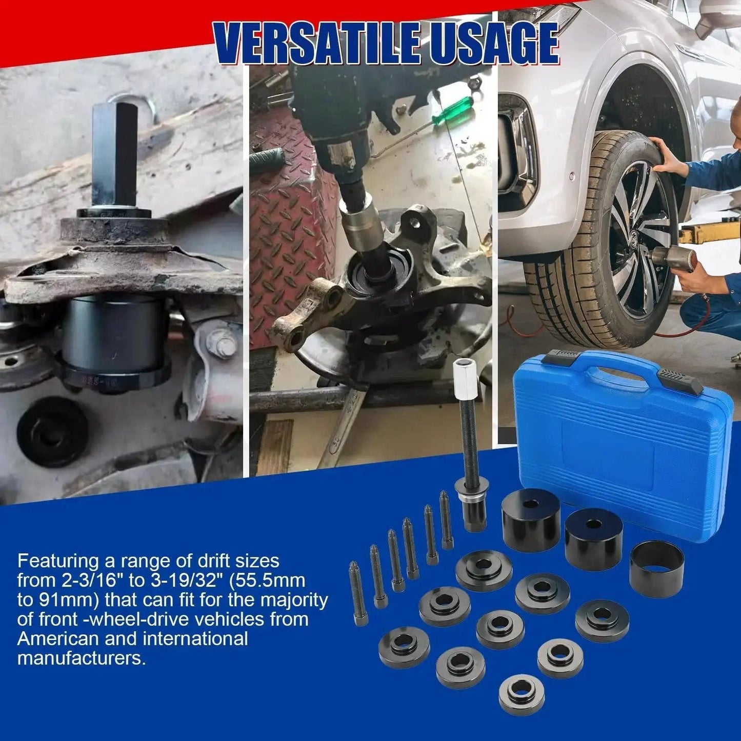 19 Piece Front Wheel Drive Bearing Removal And Installation Tool Kit with Adapter Puller, case, and drift sizes shown in use on vehicles.