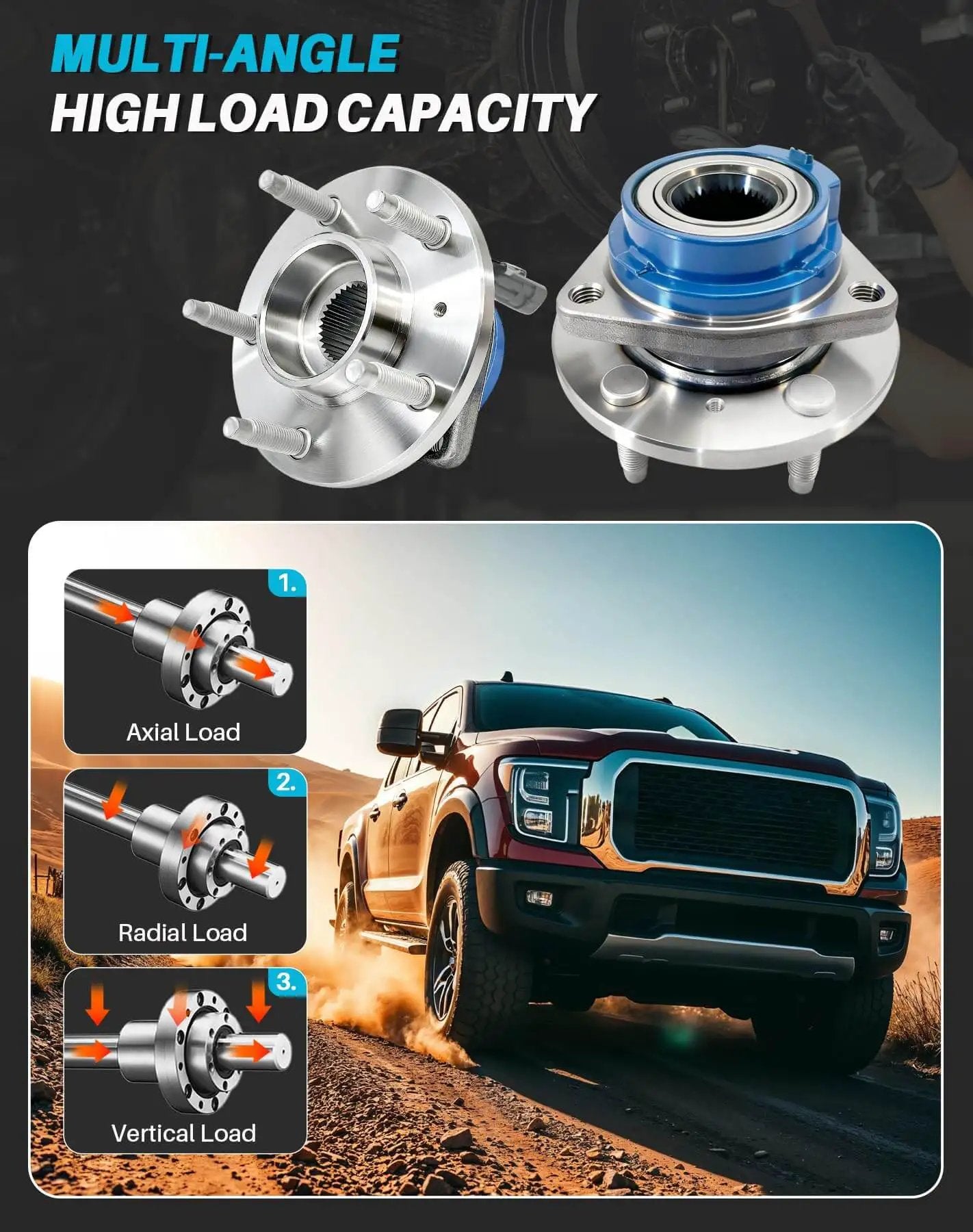 2-Pack Sealed Front Wheel Hub Bearing Assembly 513121 5-Lug w/ ABS, diagram showing axial, radial, and vertical load capacity, truck illustration