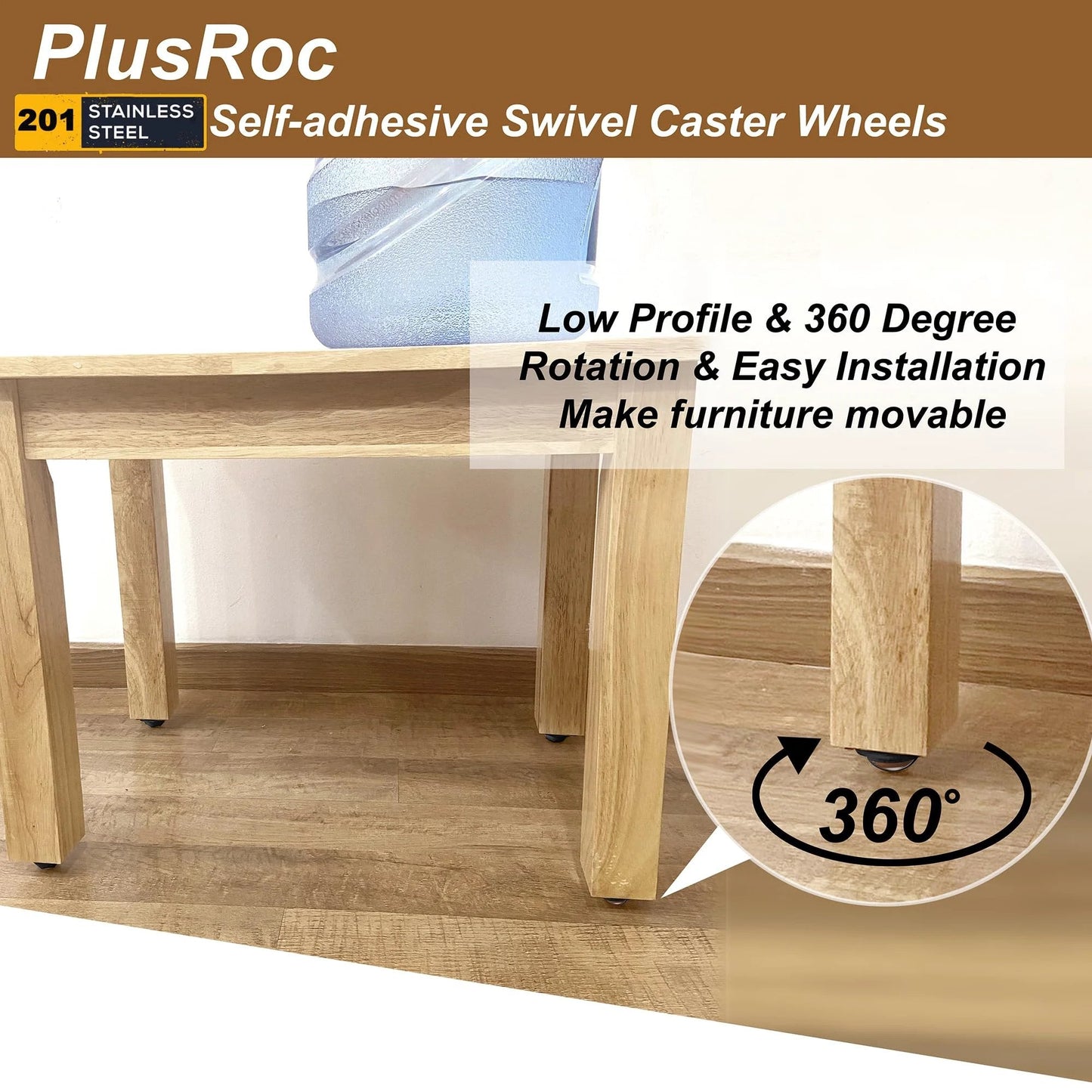 Anti Rust Stainless Steel Self Adhesive Caster Wheels Set 8 Pack For Mop Buckets, Kitchen Appliances, And Furniture under a table