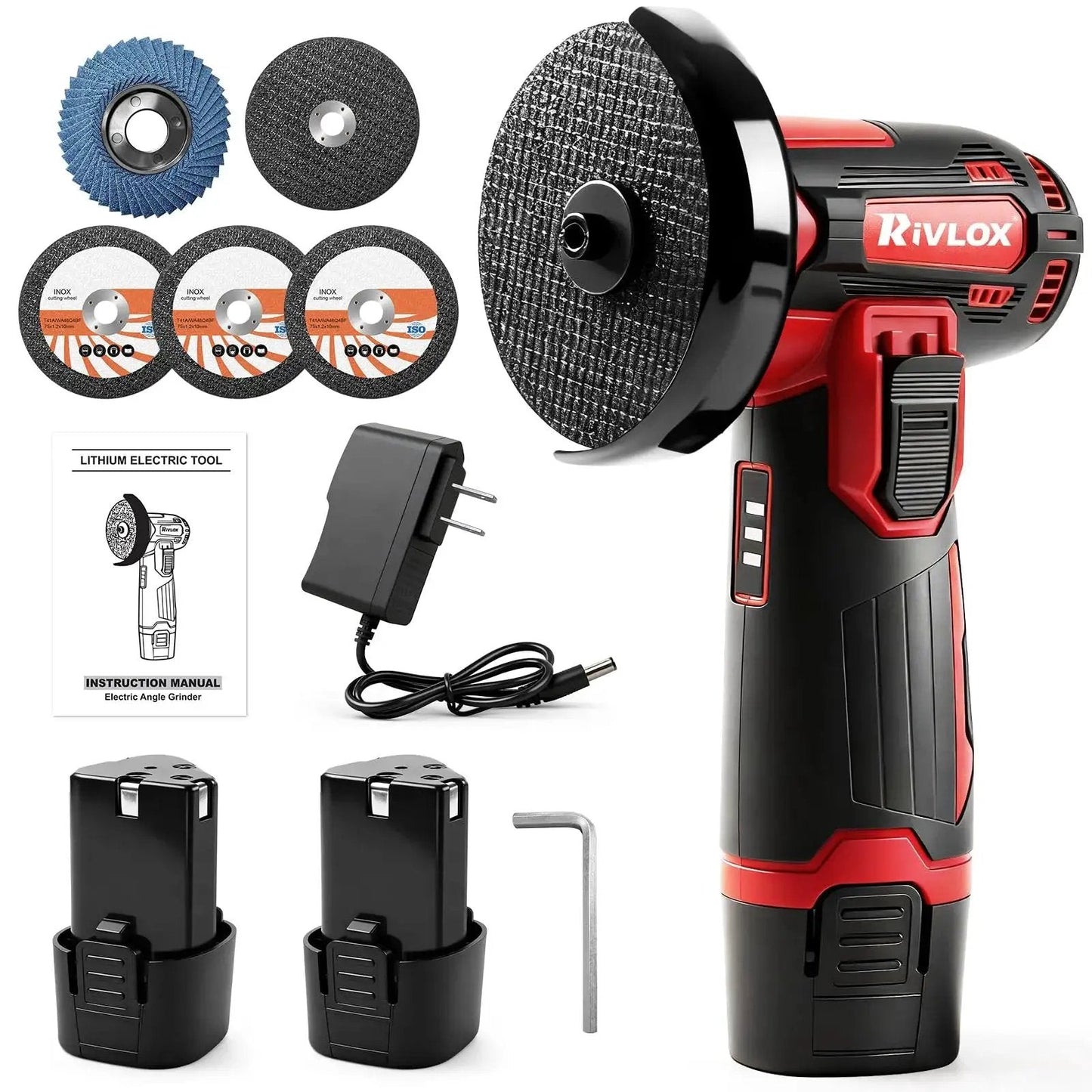 Cordless Mini 3 Inch Angle Grinder Kit With Dual 12V 1500mAh Batteries And Charger Rivlox Includes 5 Cutting Discs For Metal And Wood Projects Portable Handheld Grinder For DIY Home Improvement