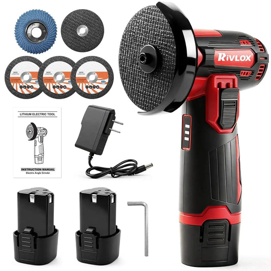 Cordless Mini 3 Inch Angle Grinder Kit With Dual 12V 1500mAh Batteries And Charger Rivlox Includes 5 Cutting Discs For Metal And Wood Projects Portable Handheld Grinder For DIY Home Improvement
