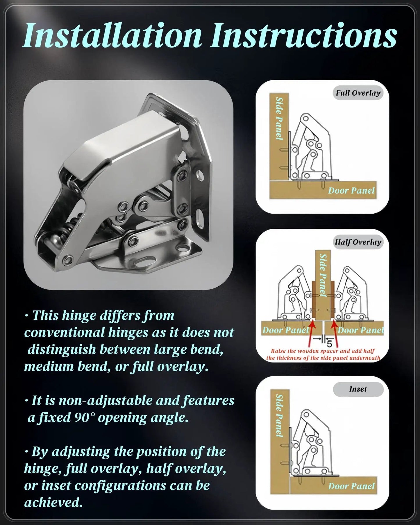 Image of No Cup Hole Needed 4 Pack Soft Close Concealed Cabinet Hinges with Installation Instructions for Overlay and Inset Doors.