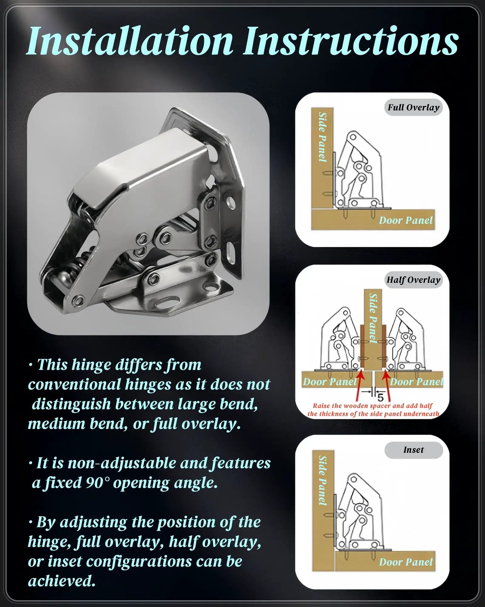 Image of No Cup Hole Needed 4 Pack Soft Close Concealed Cabinet Hinges with Installation Instructions for Overlay and Inset Doors.