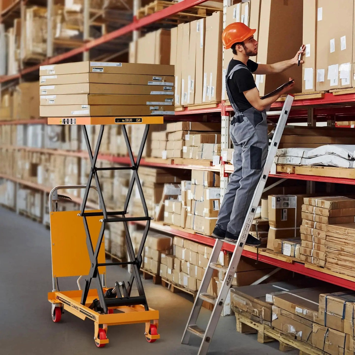 Warehouse scene with Hydraulic Lift Table Cart 330 Lb Capacity 49.6In Lift Height Non Slip Pad lifting boxes