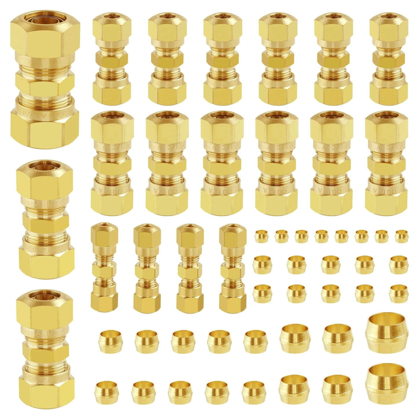 53 Piece DOT Brass Compression Air Brake Fittings Set With Straight Union Adapters For Nylon Tubing Includes One Eighth Inch One Quarter Inch Three Eighths Inch One Half Inch And Five Eighths Inch Sizes Great For Truck And Industrial Air Systems