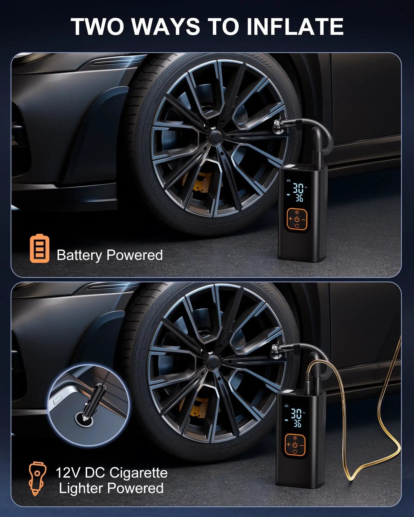 Tire Inflator Portable Air Compressor That Delivers 6X Faster Inflation to 180 PSI Electric Car Tire Pump With Pressure Gauge for Car Tires Obsidian Black showing battery and 12V DC power options.