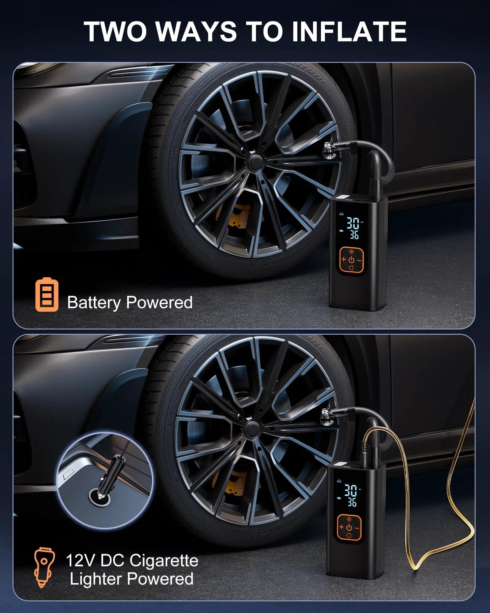 Tire Inflator Portable Air Compressor That Delivers 6X Faster Inflation to 180 PSI Electric Car Tire Pump With Pressure Gauge for Car Tires Obsidian Black showing battery and 12V DC power options.
