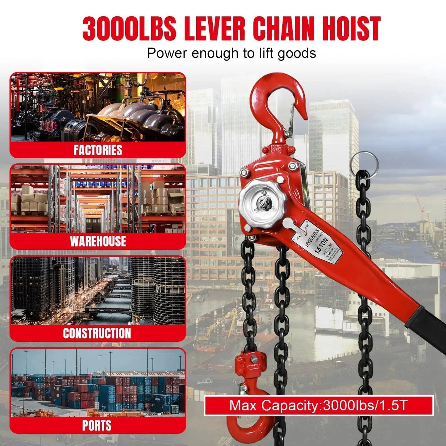Manual Lever Chain Hoist 3 Ton Capacity G80 Grade Steel And Double Pawl Brake shown with 360° hook and heavy-duty chain