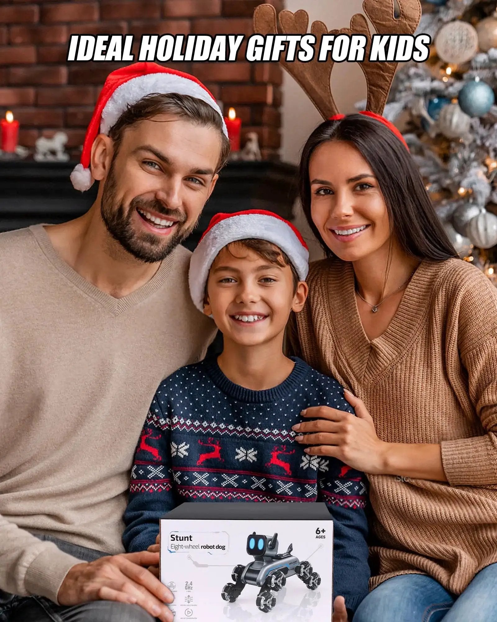 Family with Christmas hats holding Interactive Robot Dog RC Stunt Car With Gesture Sensing And 2 4Ghz Remote Mecanum Wheels gift.