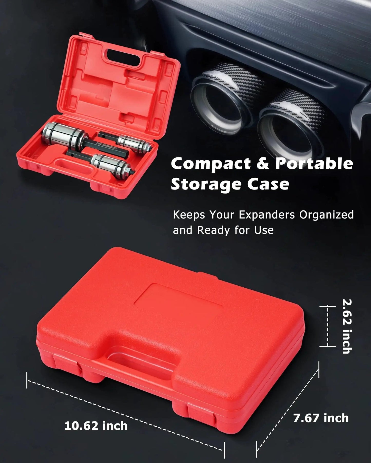 Exhaust Pipe Expander Tool Set 3 Pcs 1-1/8 To 3-1/2 Universal Tail Pipe Spreader in red storage case