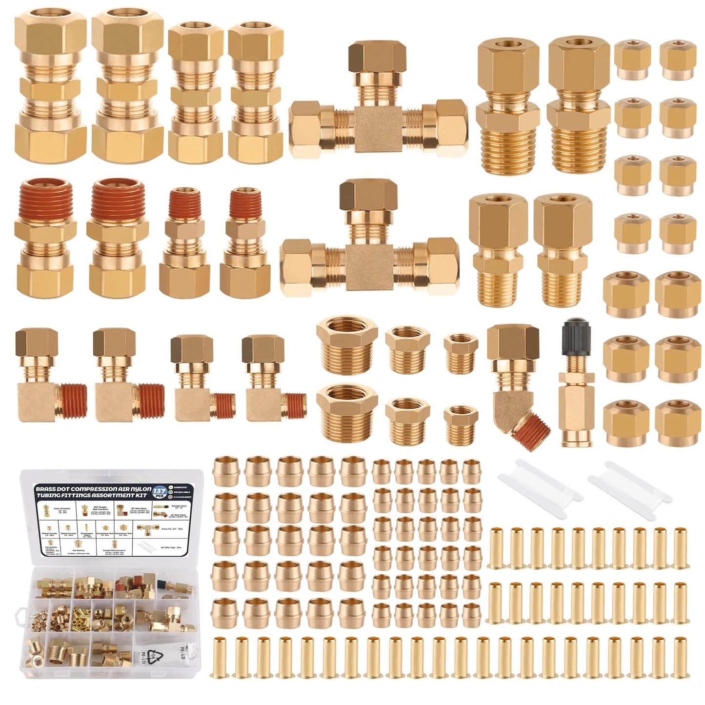 137 Piece Brass DOT Air Brake Fittings Kit For Truck And Industrial Air Systems Includes One Quarter Inch One Eighth Inch Three Eighths Inch And One Half Inch Compression Fittings DOT Tube Tees Elbows Unions Schrader Valve And More