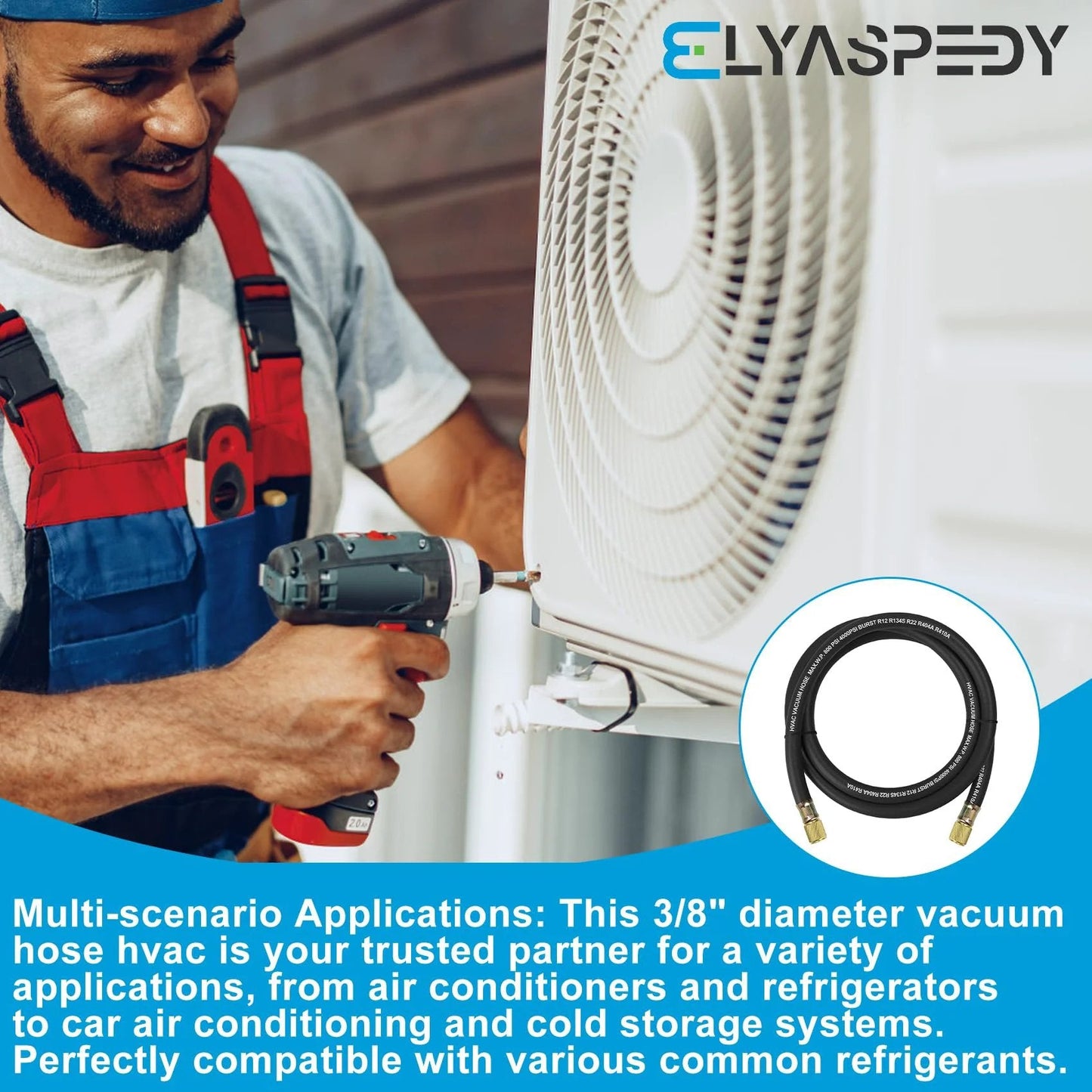 Man installing air conditioning unit with Upgrade Vacuum Hose Three Eighths Inch By Five Feet With Three Eighths By Three Eighths Fittings