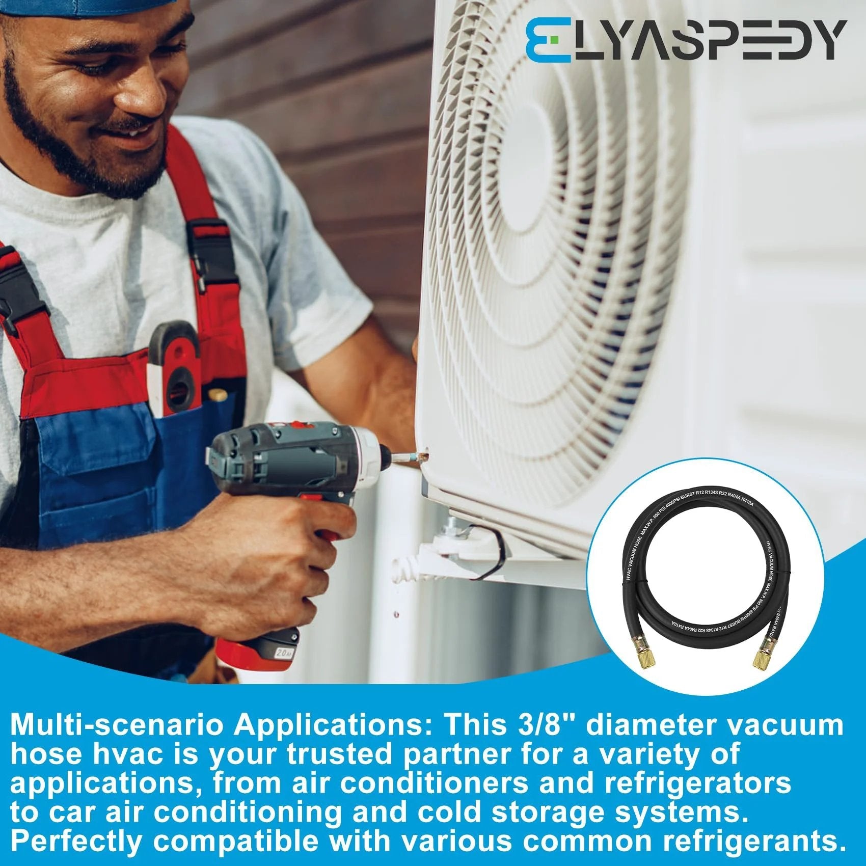 Man installing air conditioning unit with Upgrade Vacuum Hose Three Eighths Inch By Five Feet With Three Eighths By Three Eighths Fittings