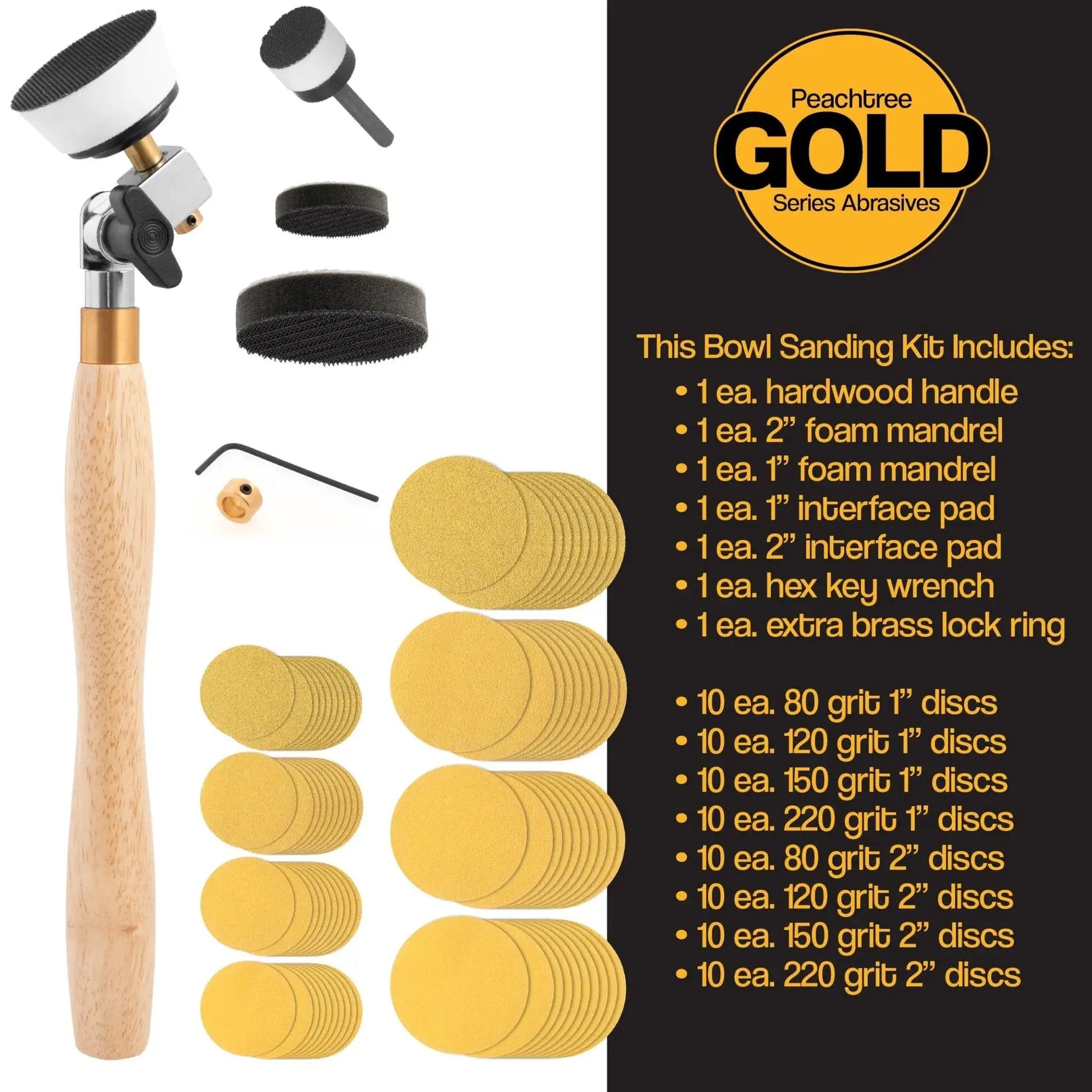 Woodturning Bowl Sander Kit With Dual Bearing Head And Hardwood Handle, 85 Piece Set, Includes 1 Inch And 2 Inch Hook And Loop Sanding Discs And One Quarter Inch Mandrel, Perfect For Finishing Inside Bowls, Peachtree Woodworking Supply, shown with components on display.