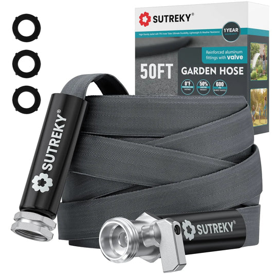 Ultra Light 50ft Garden Hose That Is Kink Free And High Pressure Abrasion Resistant All Weather Durable Eco Friendly With Drinking Water Safe TPU Core And Rust Proof Leak Proof Valve For Safe Family Use with 3/4 inch fittings, gray color, shown with packaging and washers.
