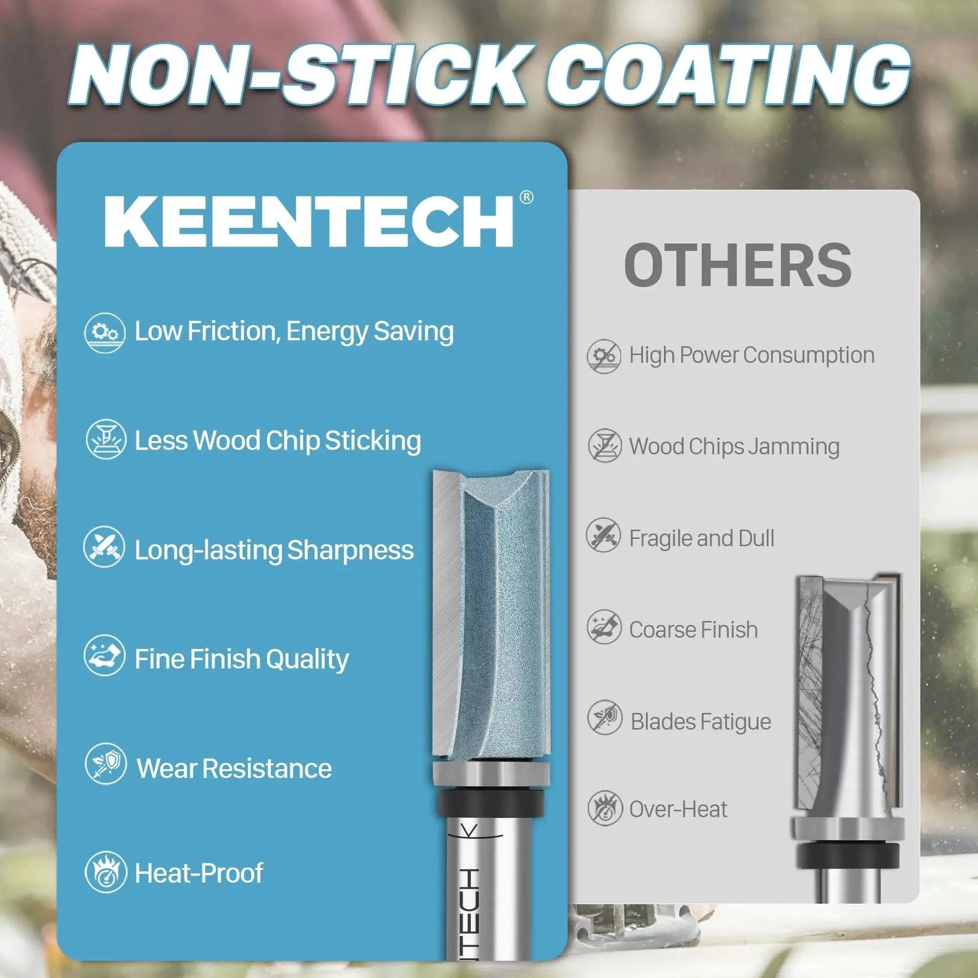 Comparison of KEENTECH router bit features against others, highlighting non-stick coating and durability.