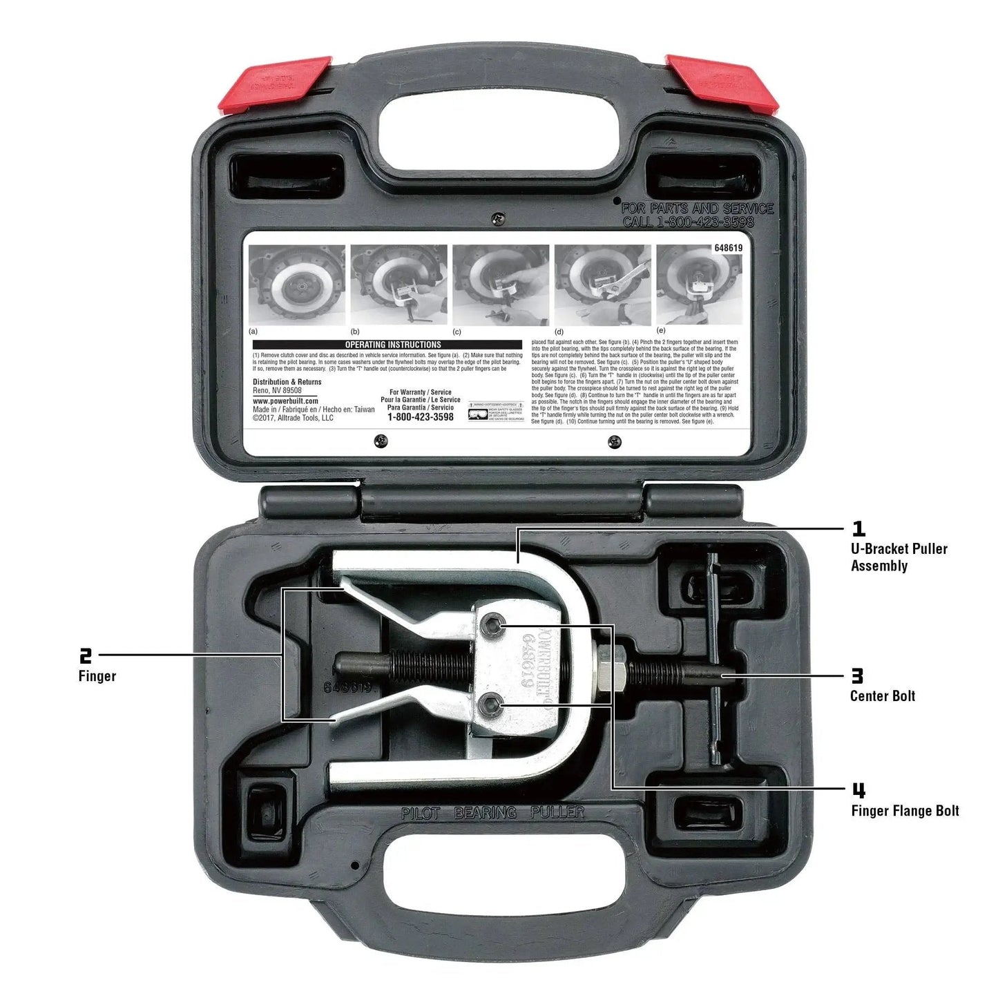 Pilot Bearing And Bushing Puller For Flywheels And Clutch Replacement With Deep Reach Fingers shown in storage case