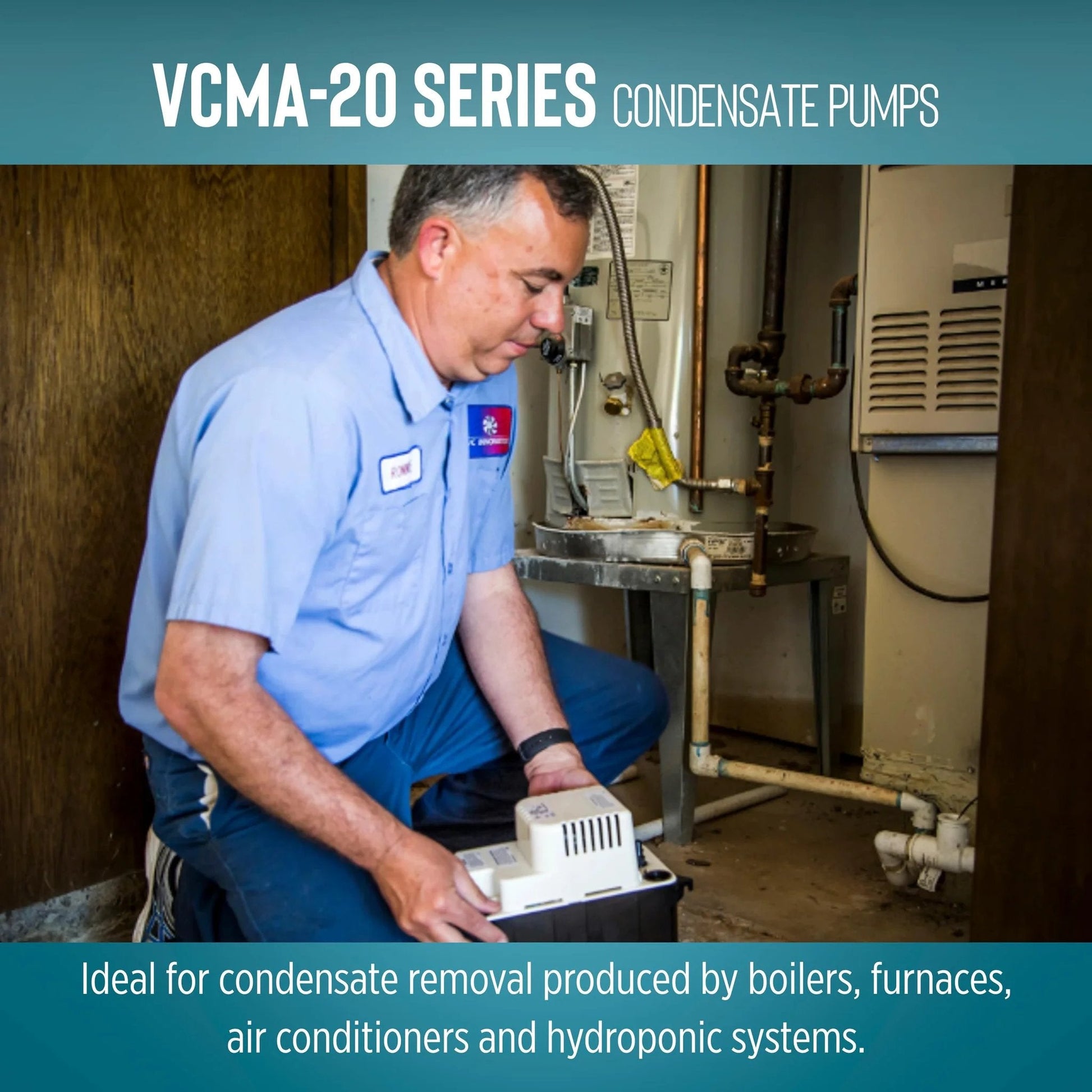 Man installing Automatic Condensate Removal Pump for HVAC Refrigeration and Dehumidifiers With Overflow Detection Switch in room.