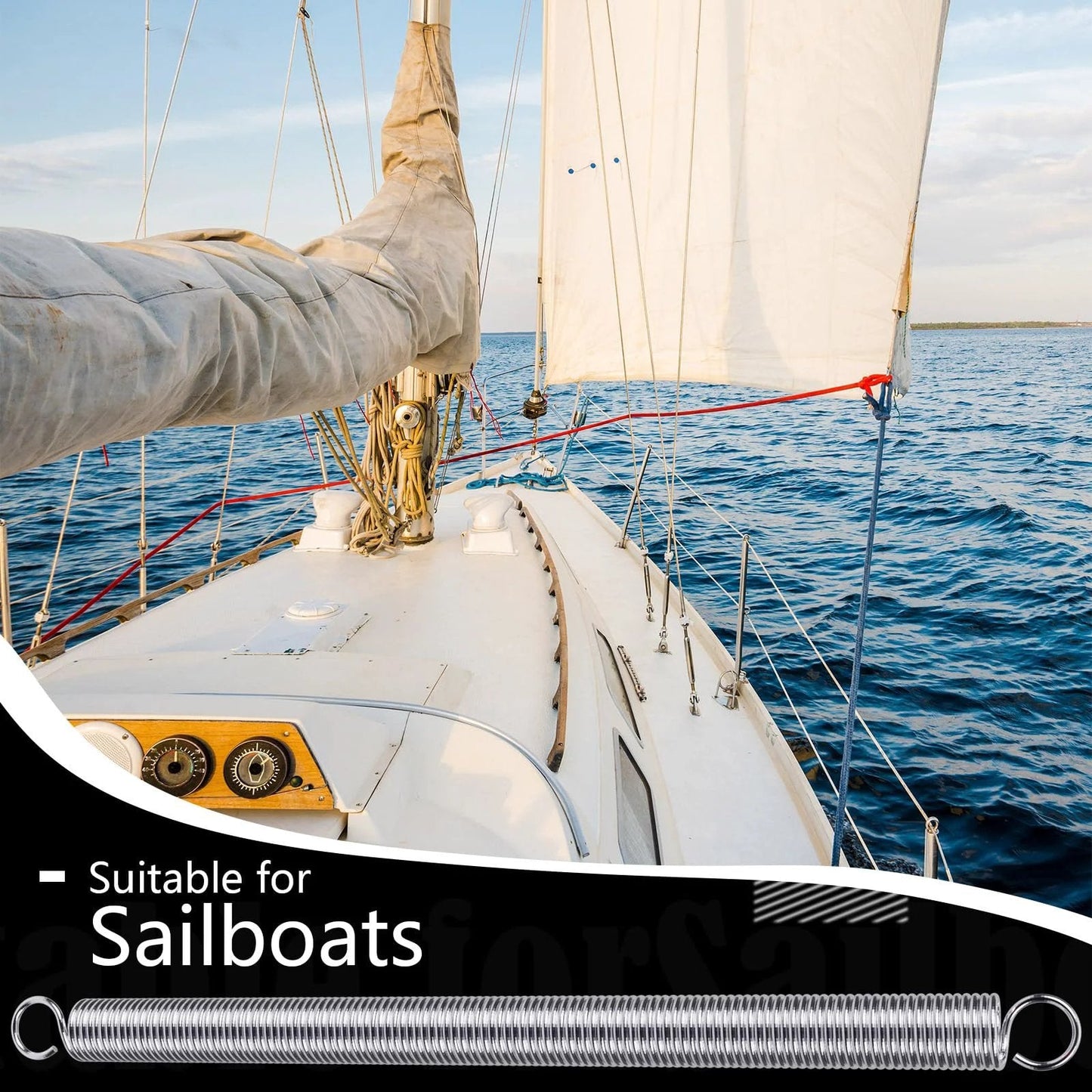 Sailboat deck on the water with Six Pack Extension Springs 3/8 By 6-1/2 Inch 0.047 Inch Dual Hook Tension Springs shown overlay.