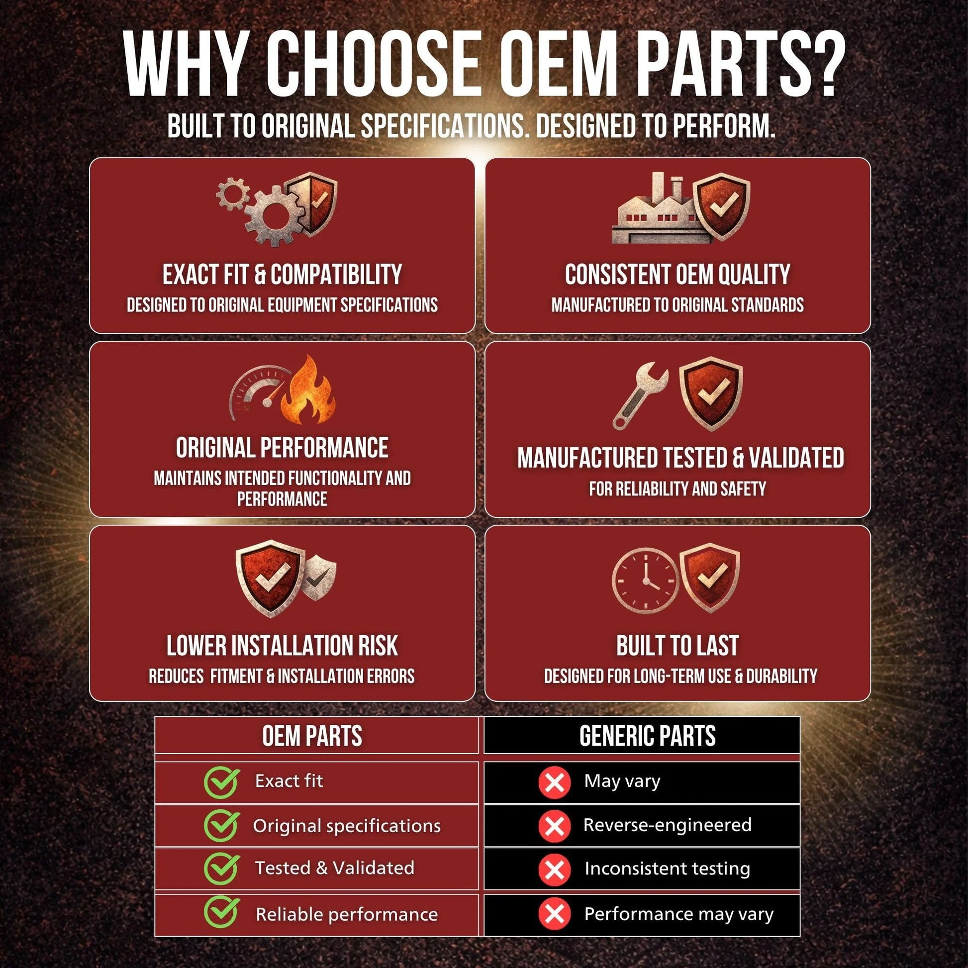 Infographic detailing benefits of OEM parts over generic, including fit, quality, performance, testing, installation risk, and durability.