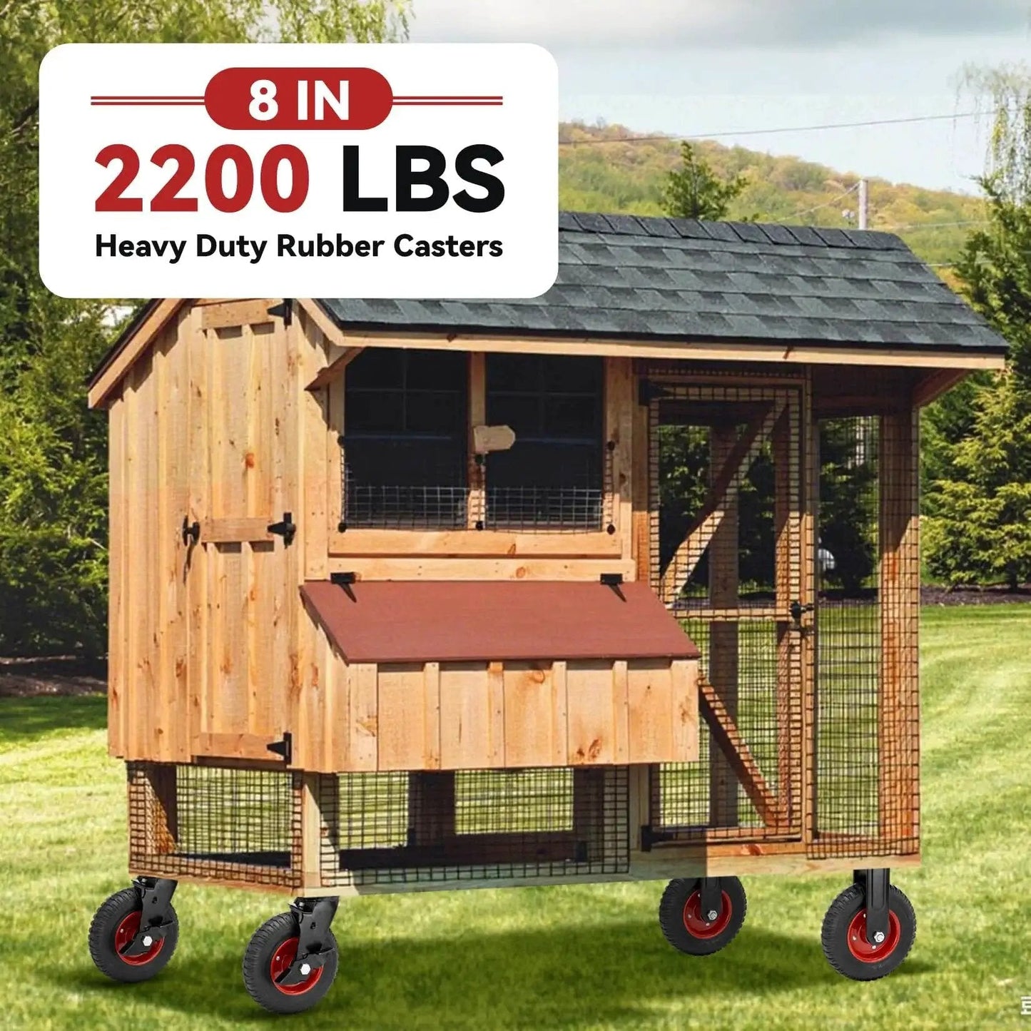 8 Inch Heavy Duty Rubber Casters With 2200 Lbs Load Capacity Set Of Four attached to wooden chicken coop