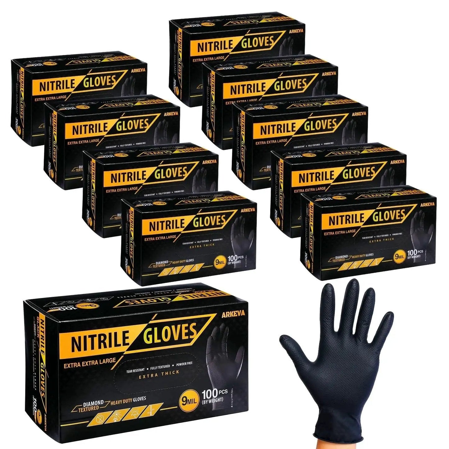 Boxes of Heavy Duty 9 Mil Nitrile Disposable Gloves Diamond Texture Latex Free Large with a glove on hand