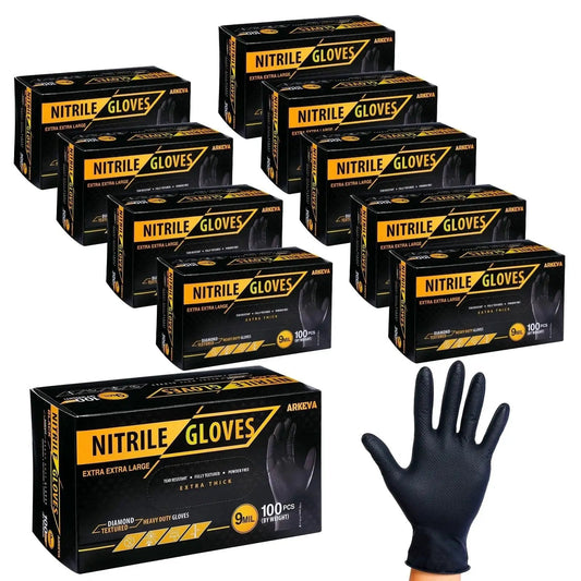 Boxes of Heavy Duty 9 Mil Nitrile Disposable Gloves Diamond Texture Latex Free Large with a glove on hand