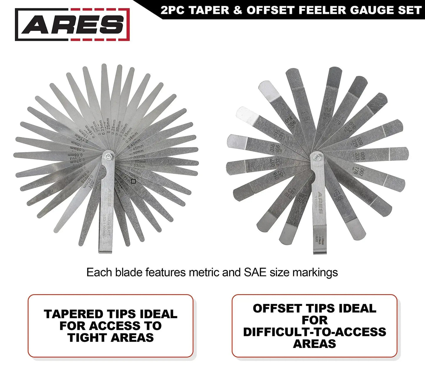 Two Piece Tapered And Offset Feeler Gauge Set With 32 Dual Marked SAE And Metric Blades And 16 Offset Dual Marked Blades For Tight Spaces To Precisely Measure Mechanical Clearances In Automotive And Machine Shop Jobs Pro Grade