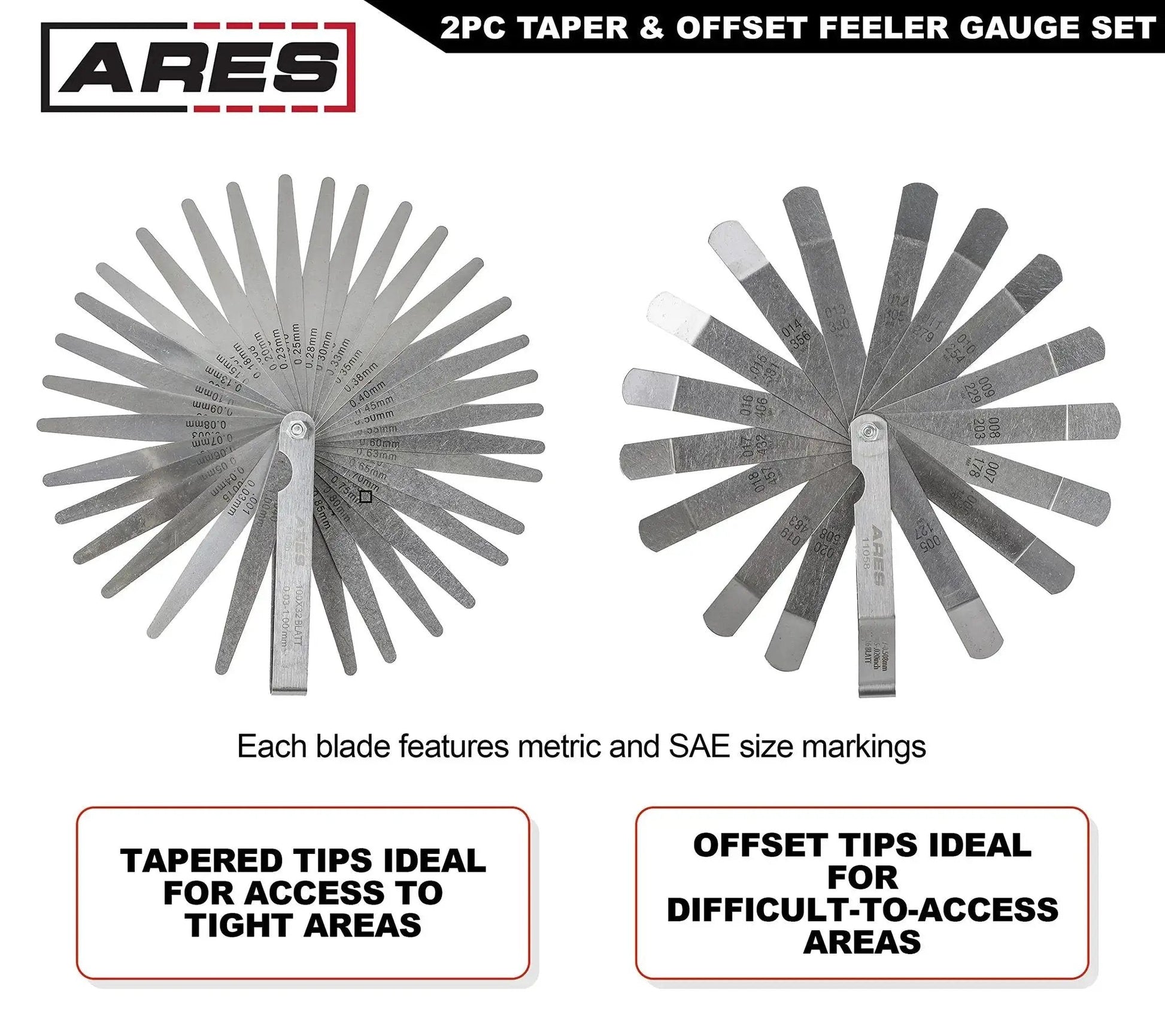 Two Piece Tapered And Offset Feeler Gauge Set With 32 Dual Marked SAE And Metric Blades And 16 Offset Dual Marked Blades For Tight Spaces To Precisely Measure Mechanical Clearances In Automotive And Machine Shop Jobs Pro Grade