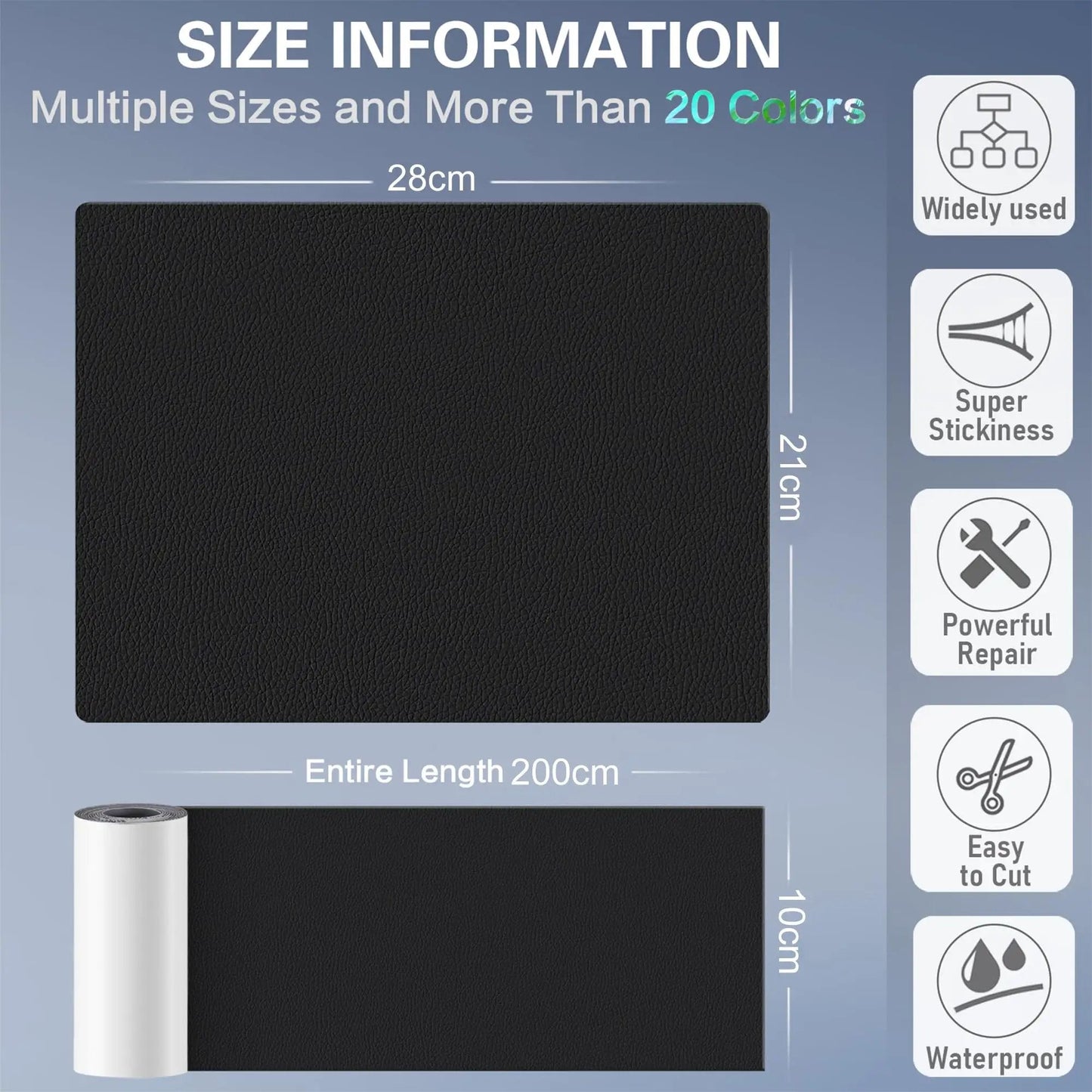 Leather Repair Patch Kit 4x63 Inch Self Adhesive Tape For Furniture And Car Seats Black displayed in size chart with dimensions.