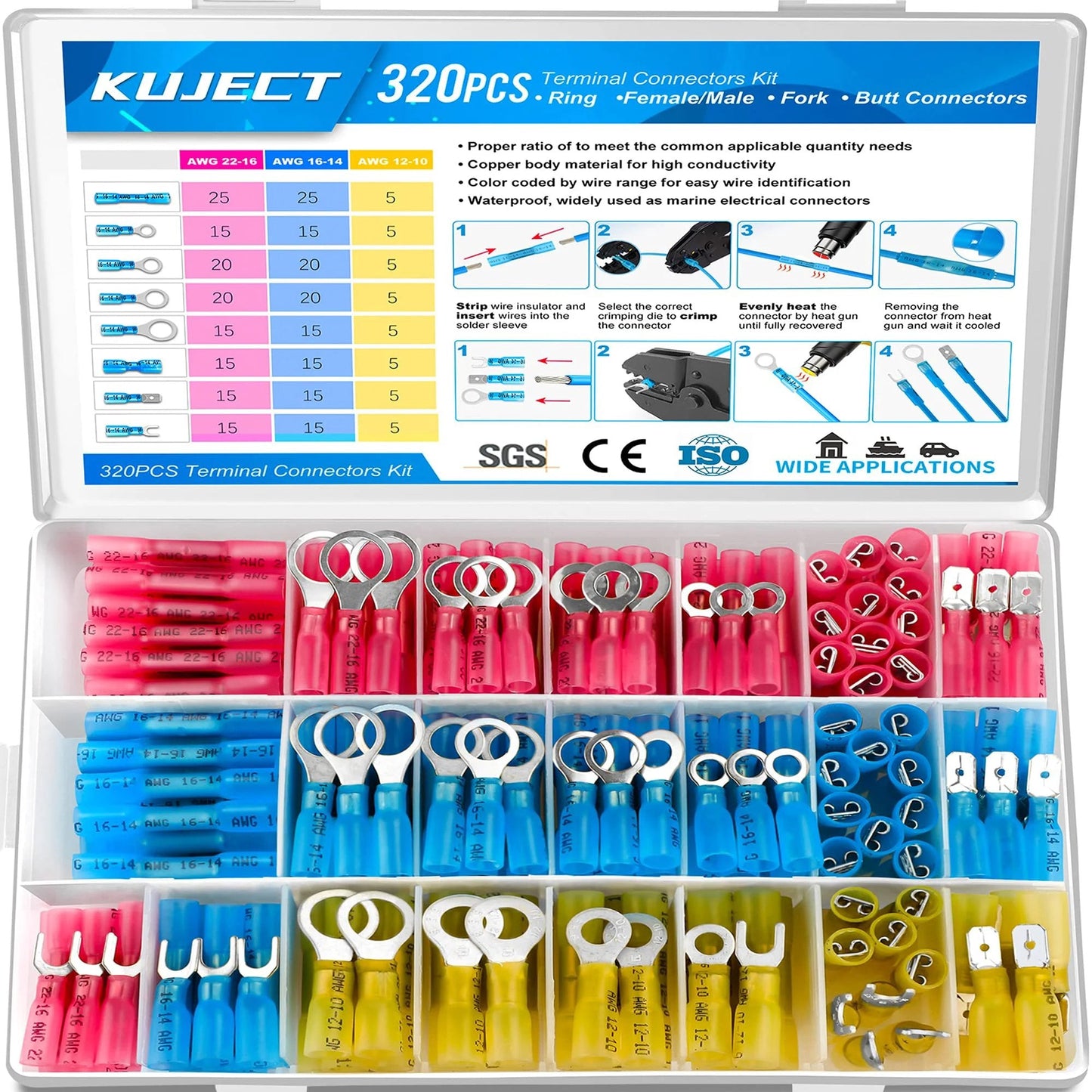 Heavy Duty Heat Shrink Wire Connectors Kit With 320 Pieces For Automotive Marine Boat Truck Electrical Wiring Waterproof Crimp Butt Terminals Insulated Rings Forks Spade And Butt Splices