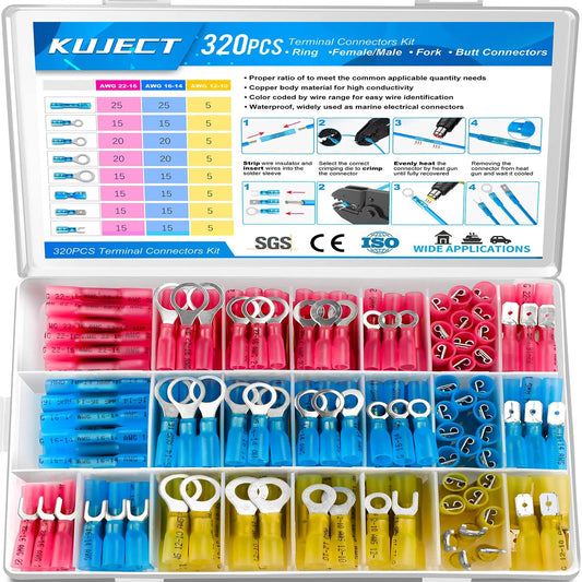 Heavy Duty Heat Shrink Wire Connectors Kit With 320 Pieces For Automotive Marine Boat Truck Electrical Wiring Waterproof Crimp Butt Terminals Insulated Rings Forks Spade And Butt Splices