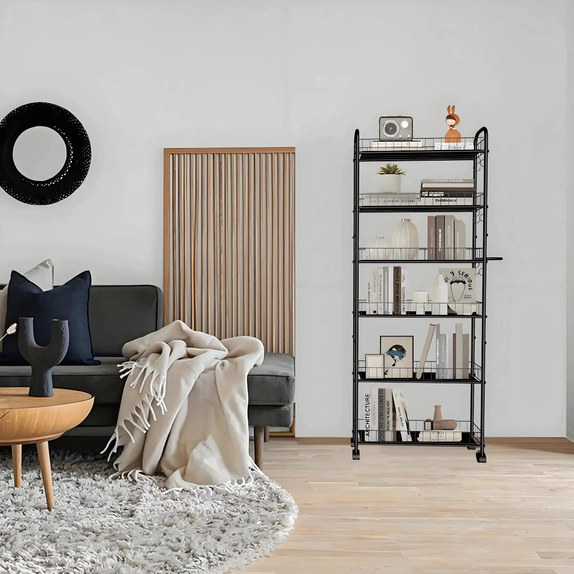 Six Tier Ultra Slim 6 Inch Depth Rolling Storage Cart On Wheels With Handle For Narrow Spaces shown in modern living room