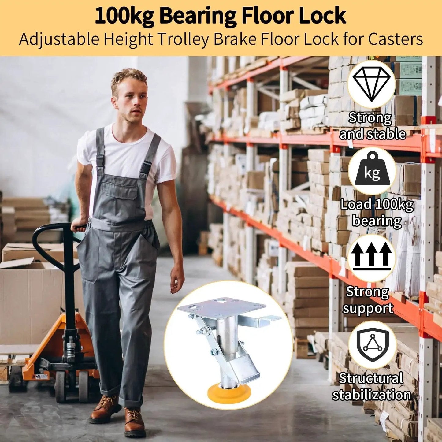 Heavy Duty Floor Lock For Carts With Adjustable Height Trolley Brake in warehouse setting with man operating trolley