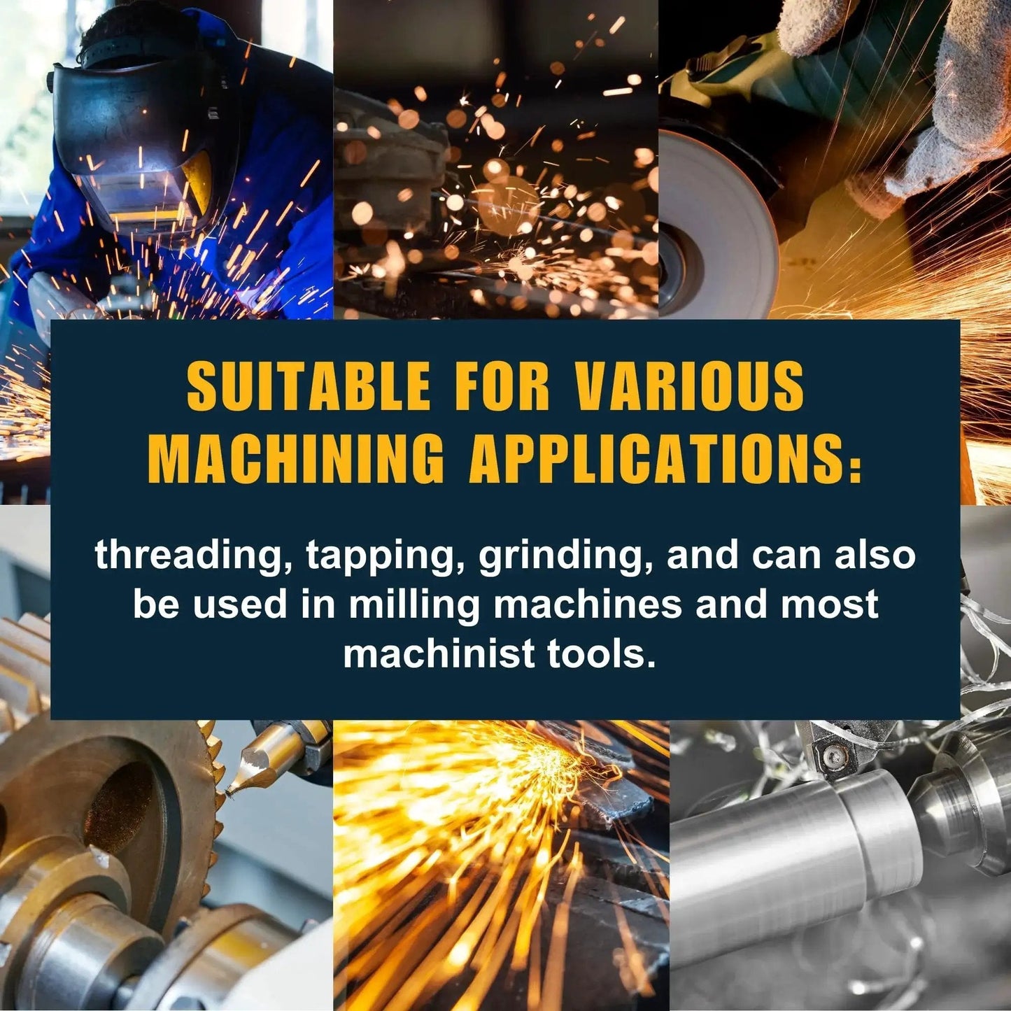 Image showing various machining processes like grinding, tapping, and milling with Go To General Purpose Metalworking Cutting Oil For Ferrous And Nonferrous Metals Multipurpose Non Soluble Lubricant With EP Additive To Prolong Tool Life Ideal For Threading Tapping Milling And Grinding Made In USA By Presidential 5 Gallon