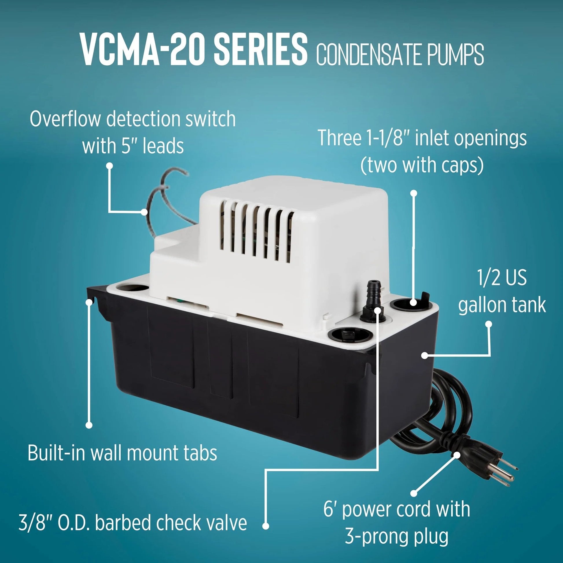 Automatic Condensate Removal Pump for HVAC Refrigeration and Dehumidifiers With Overflow Detection Switch No Fuss VCMA 20ULST
