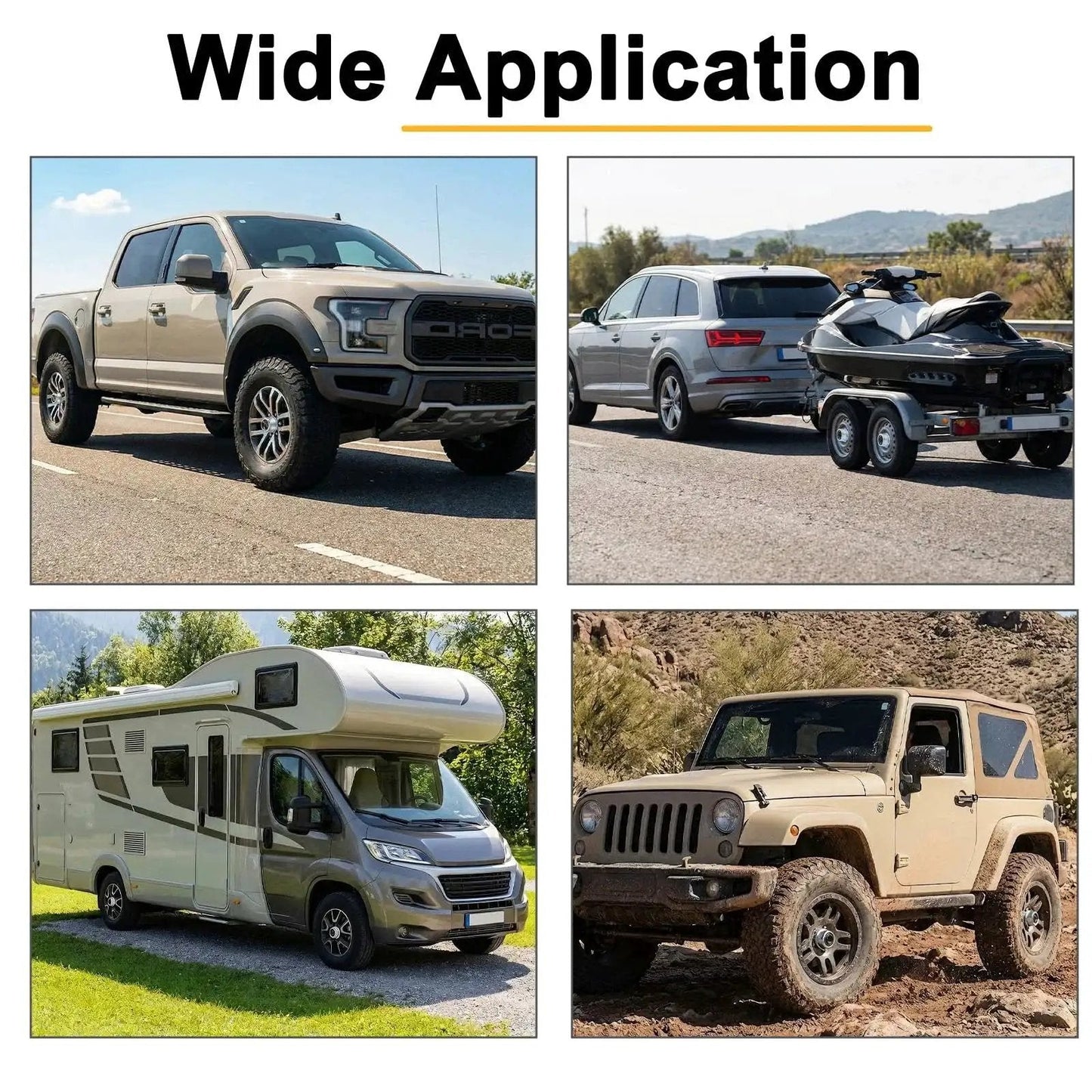 Vehicles including truck, SUV with trailer, RV, and Jeep illustrating wide application for Trailer Axle Dust Cap Cup Kit 1.98 Inch Fits 2000 3500 Lbs Trailer Wheel Hubs 4 Grease Caps With 4 Extra Rubber Plugs Easy Install Dust Cover For Hub Bearing Protection AIUWIZO Pro Plus.