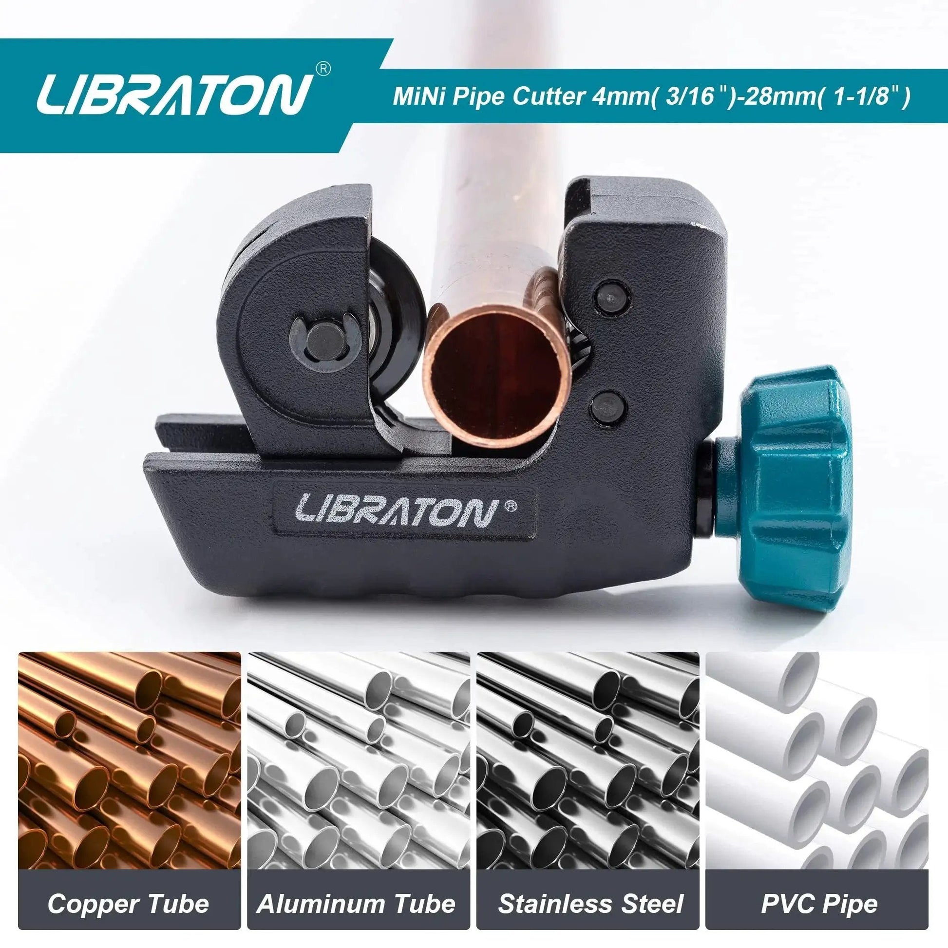 Compact Mini Tubing Cutter For Copper Aluminum And Thin Stainless Steel Pipes Three Sixteenths To One And One Eighth Inch With Deburring Tool Heavy Duty Portable Pipe Cutter For Tight Spaces From Libraton, showing side view cutting copper tube.
