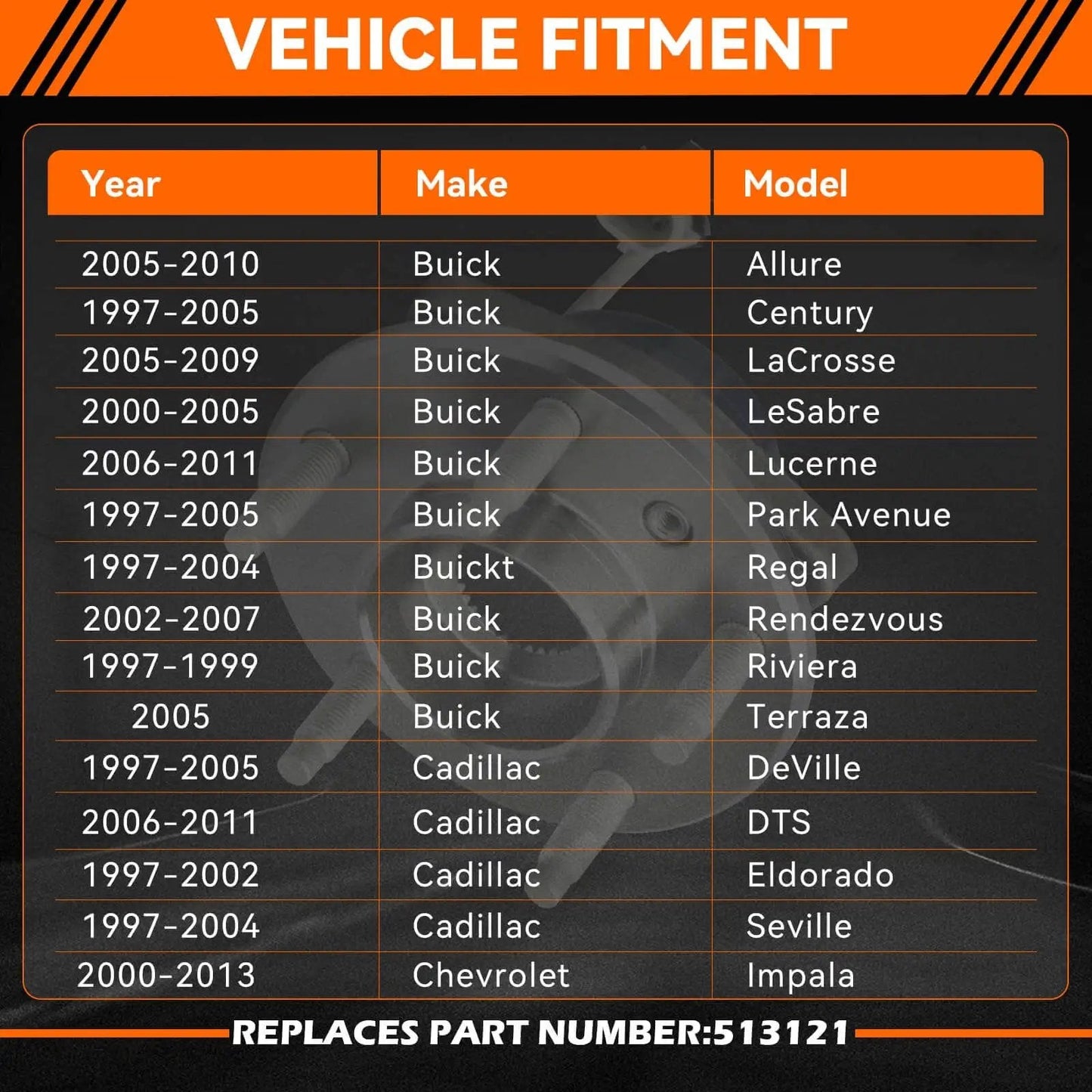 Vehicle fitment chart for Front Left/Right Wheel Hub & Bearing Assembly 513121, compatible with select Buick and Cadillac models.