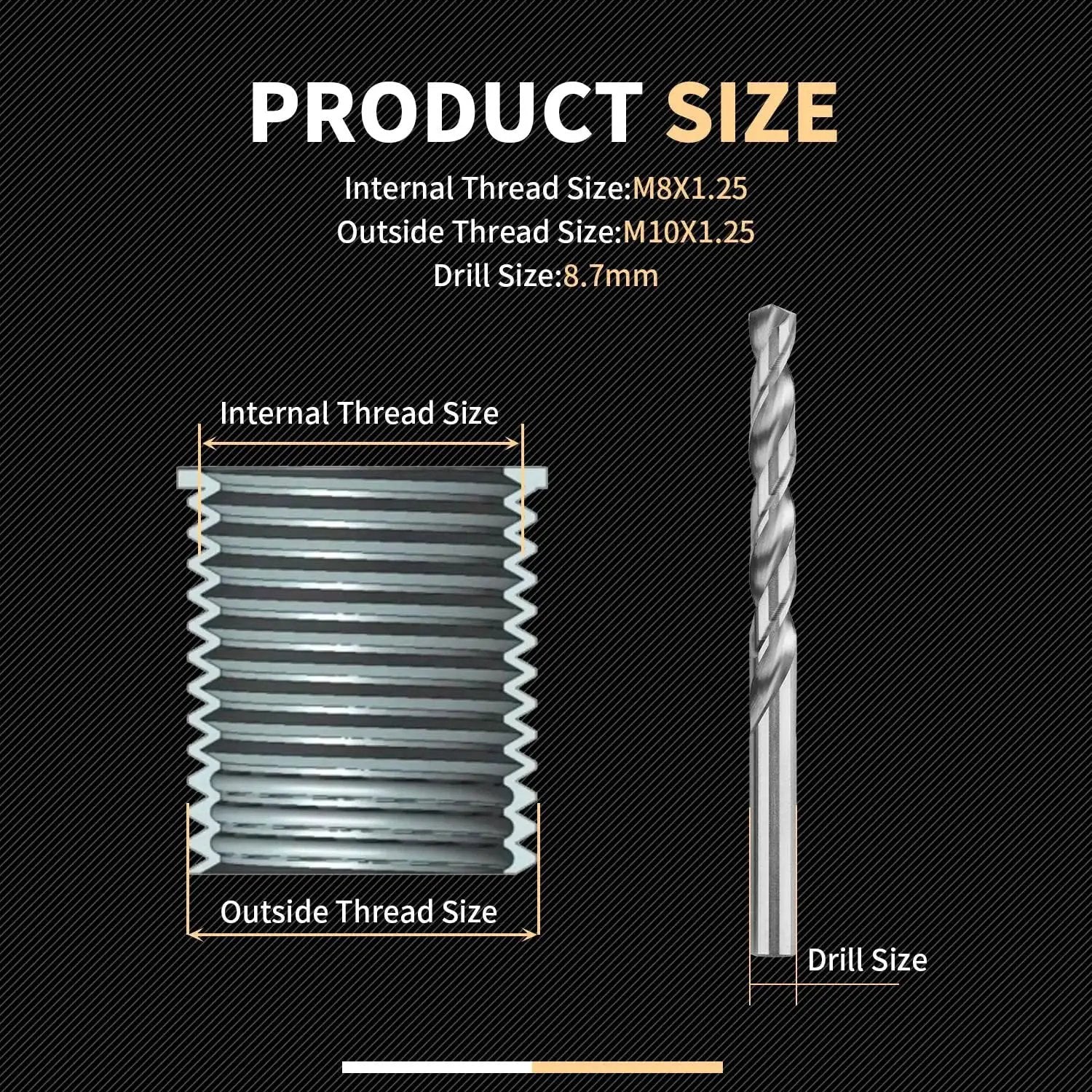 M8x1.25 Thread Repair Kit With 11.7mm Stainless Inserts 10Pcs Drill Tap Driver showing internal thread size and drill size