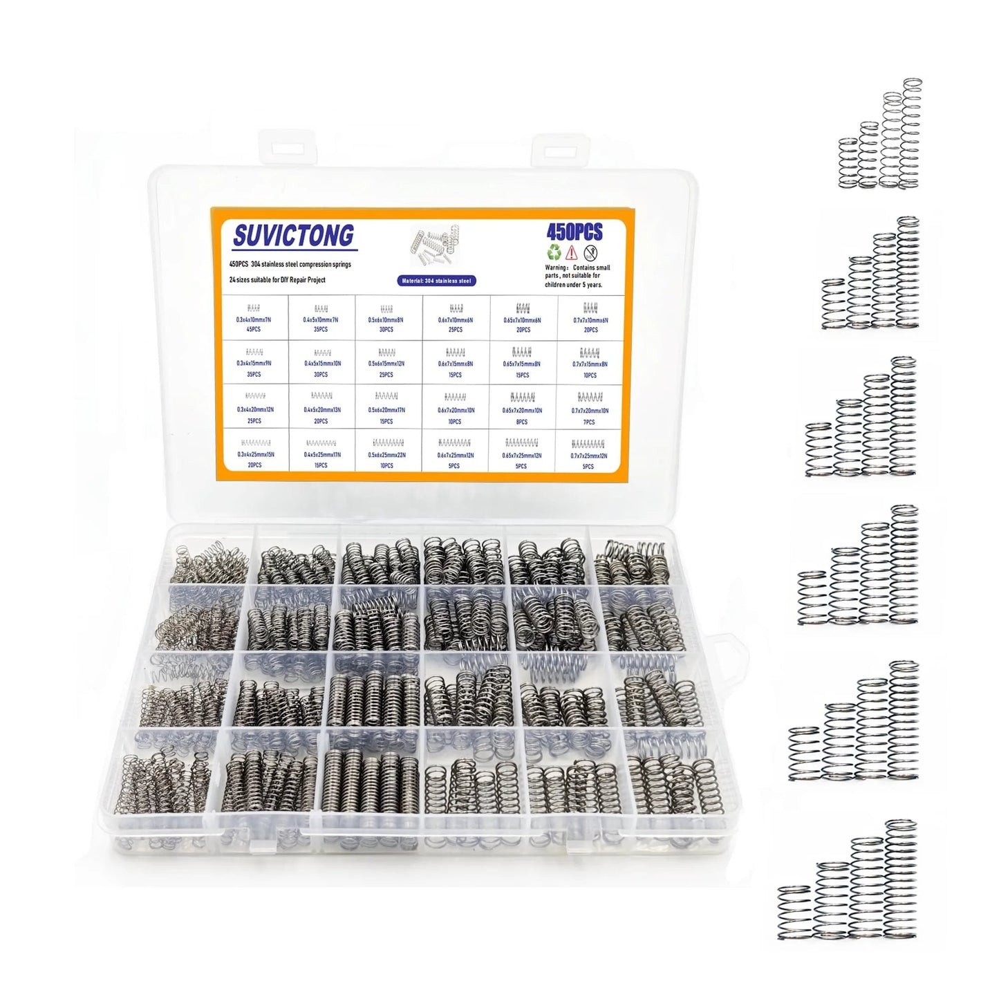 450 Piece Stainless Steel Compression Springs Assortment Kit With 24 Sizes For DIY Projects, Home And Auto Repairs, Shop Fixes, And Industrial Use, Includes Mini Springs For Everyday Fixes