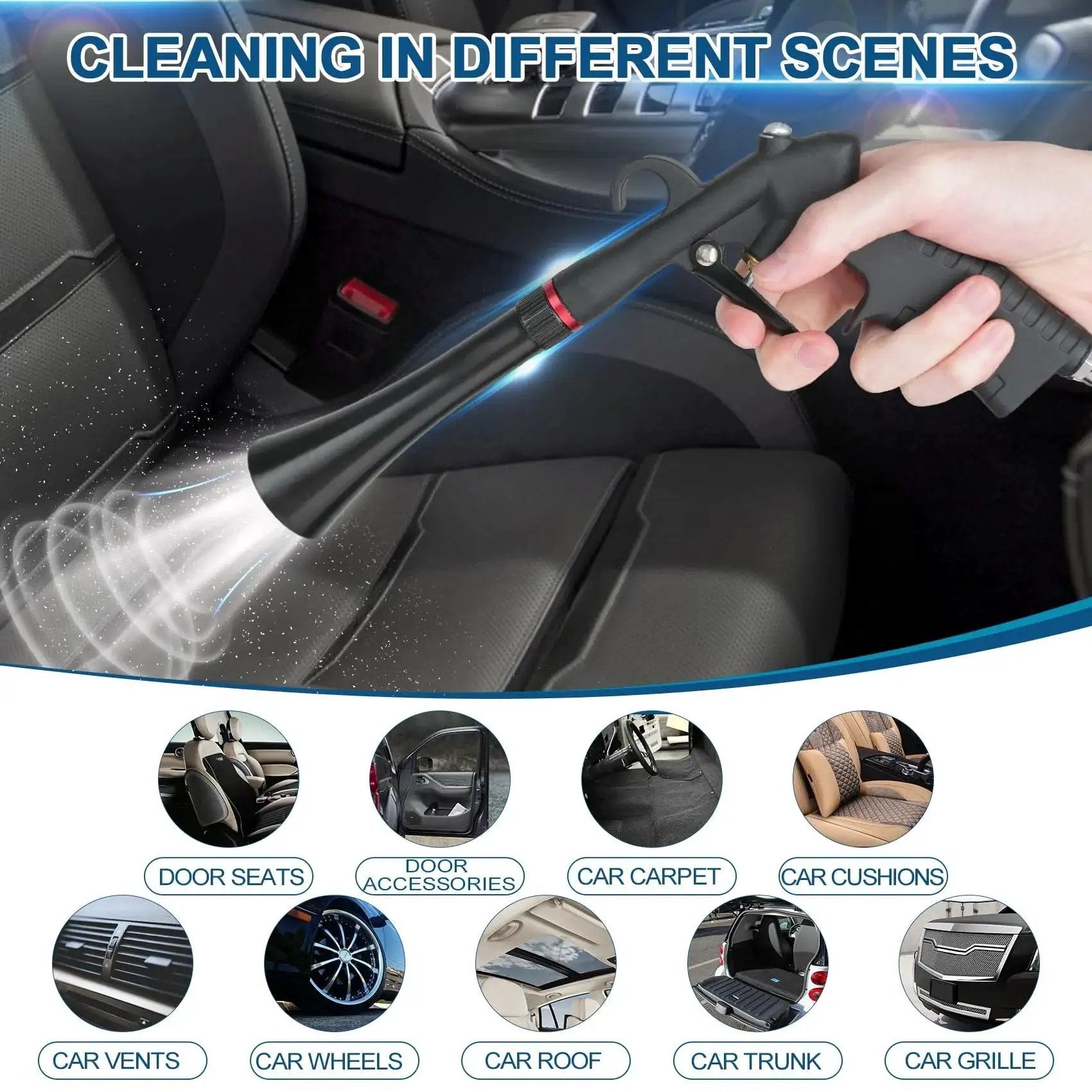 Tornado Car Cleaning Gun With Aluminum Alloy Bearing Nozzle in action cleaning car interior with attachments for dry detailing.