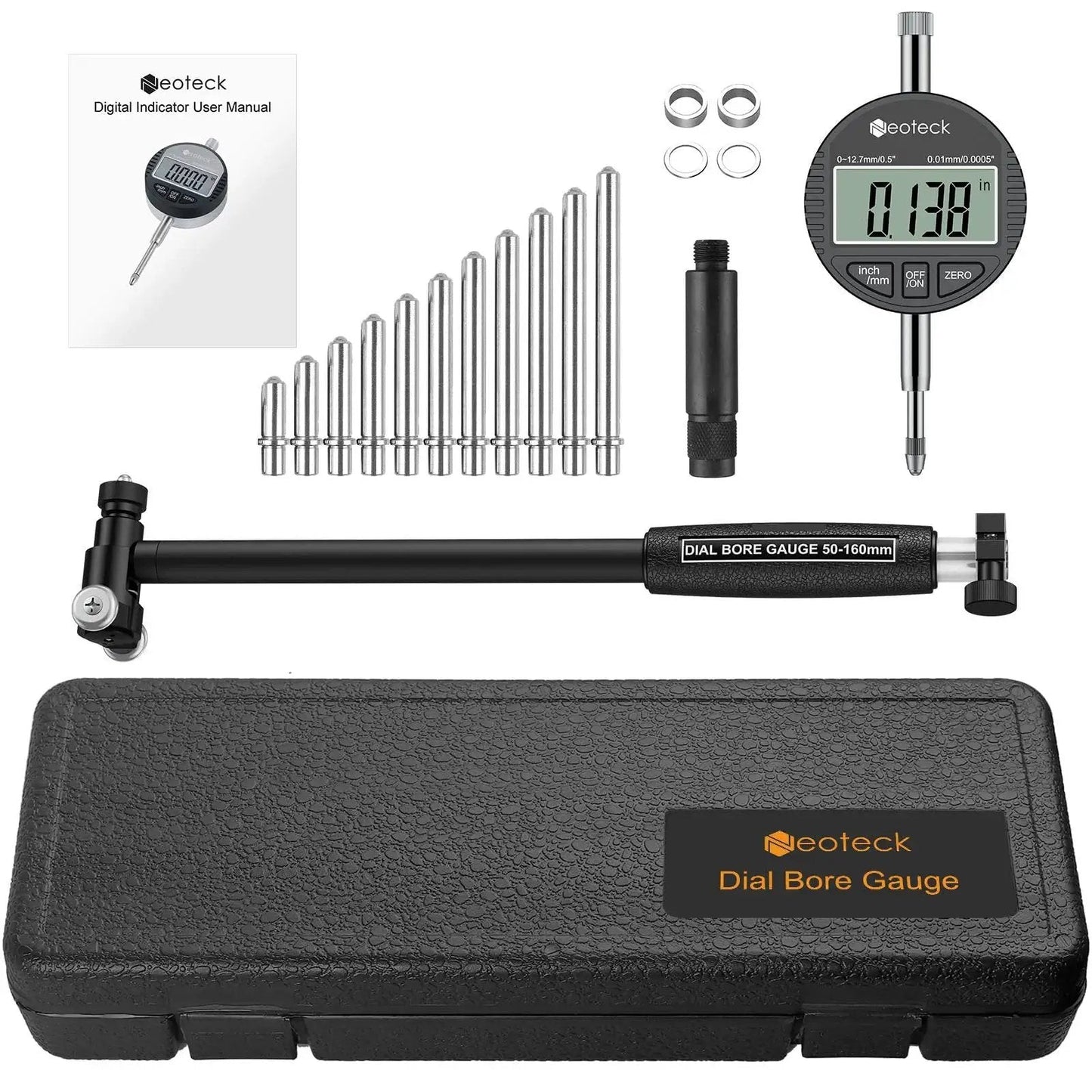 Pro Grade Digital Bore Gauge Set For 2 To 6 Inch Cylinders With Self Centering Dial Indicator Carbide Anvils Insulated Grips For Deep Engine Cylinder Measurements 0.0005 Inch Resolution Black, showing components and storage case