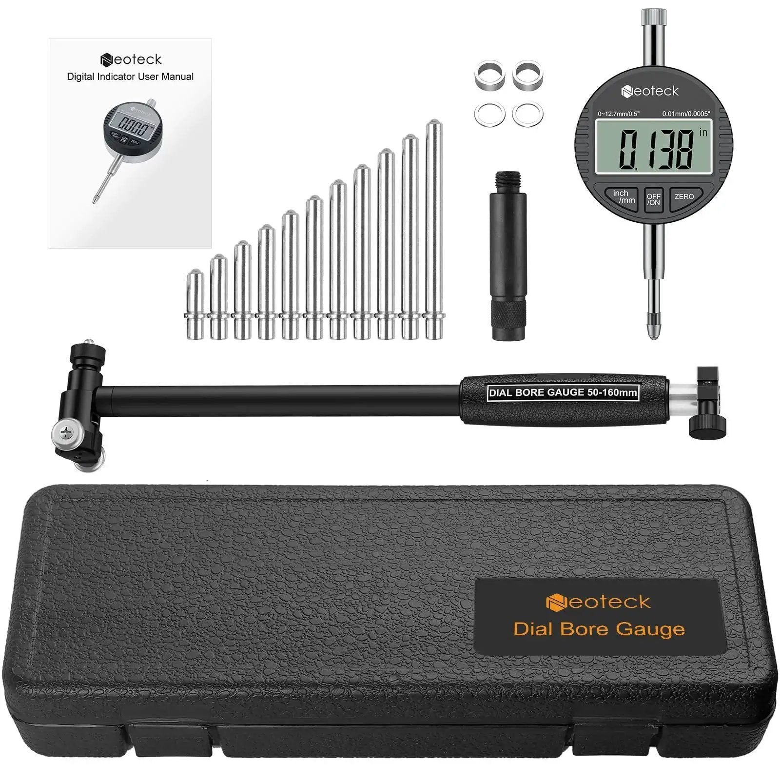 Pro Grade Digital Bore Gauge Set For 2 To 6 Inch Cylinders With Self Centering Dial Indicator Carbide Anvils Insulated Grips For Deep Engine Cylinder Measurements 0.0005 Inch Resolution Black, showing components and storage case