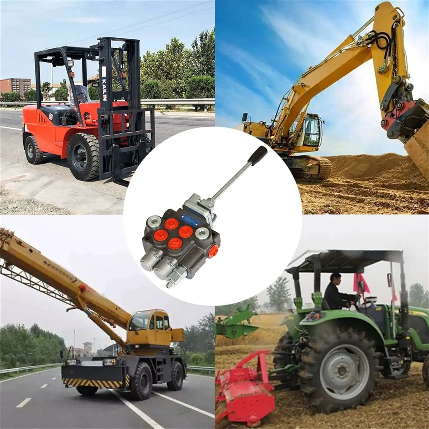 Hydraulic Directional Control Valve Double Acting 2 Spool for Small Tractors, Loaders, Log Splitters, shown in use with equipment.