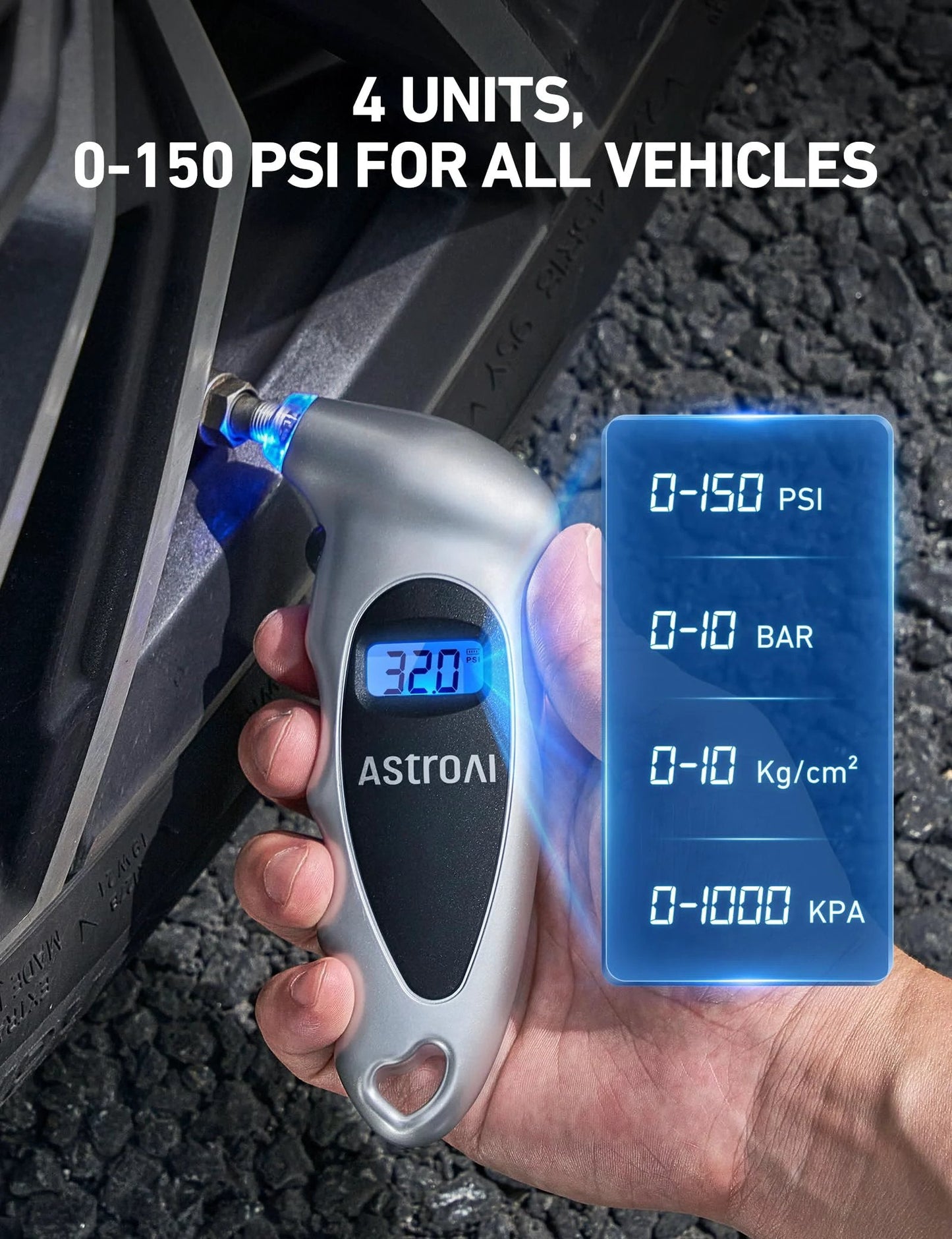 Digital Tire Pressure Gauge With Backlit LCD For Cars, Trucks And Bicycles Calibrated To ANSI B40.7 Plus Or Minus 1 PSI 0 To 150 PSI Range Four Units Of Measure Presta Valve Adapter Silver 2 Pack AstroAI in use on vehicle tire.